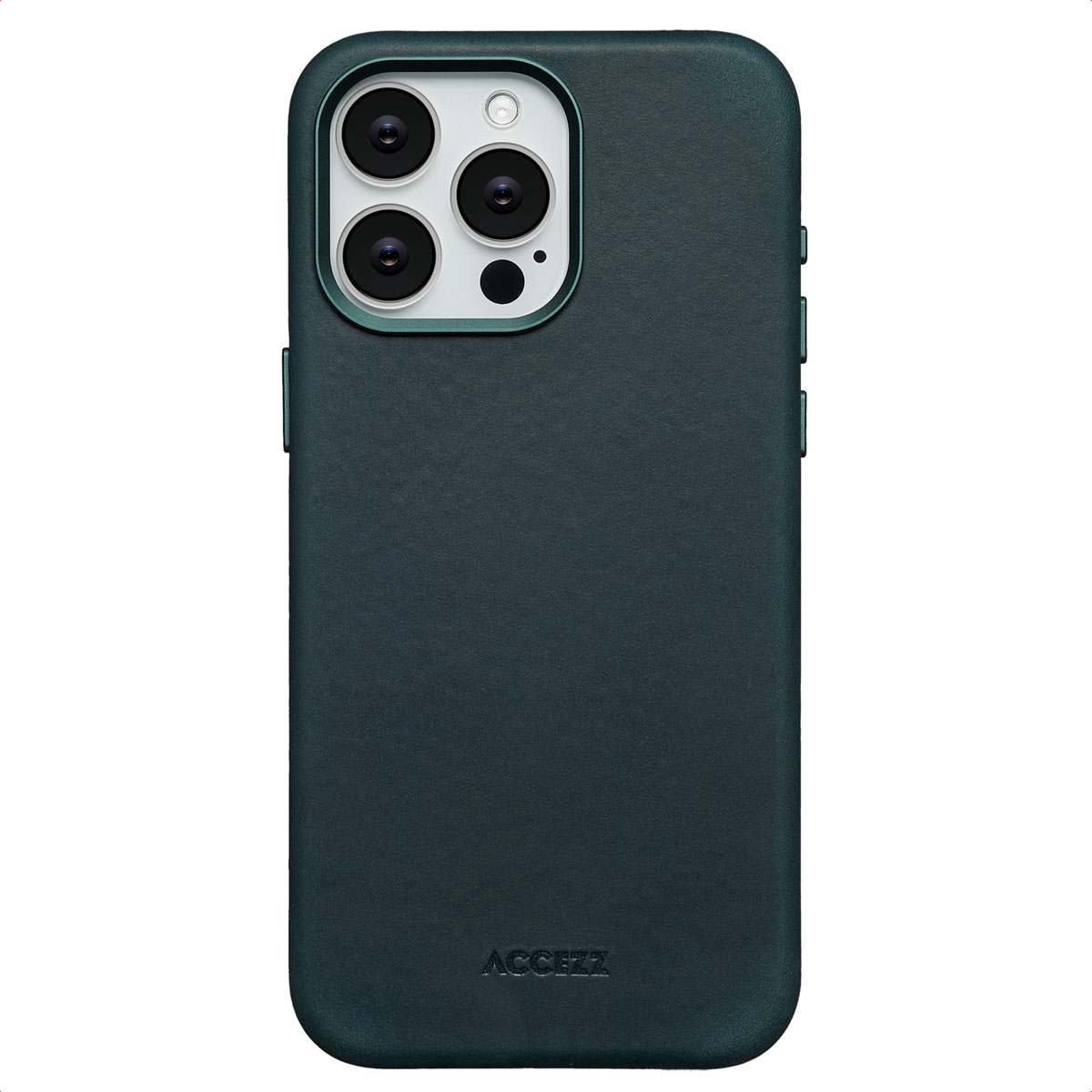 Coque iPhone vert foncé. Trois caméras sont visibles. Logo ACCEZZ en bas.