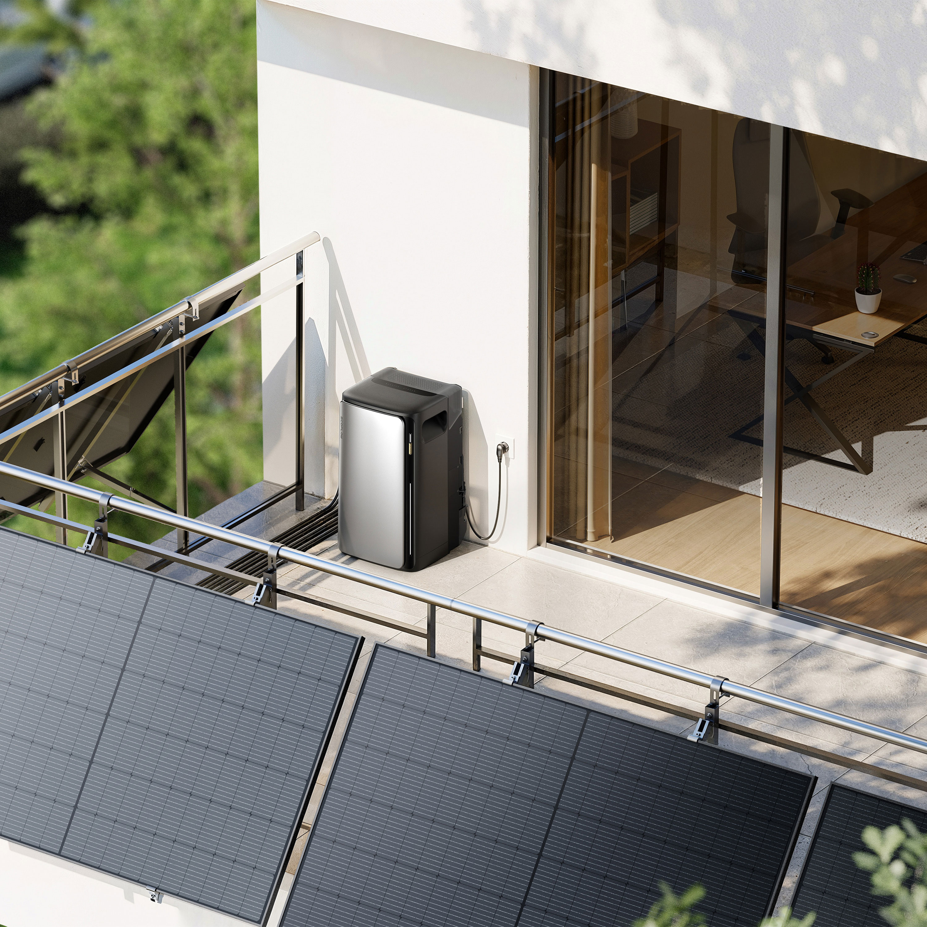 Solar panels on a balcony with a black and silver cooler and a glass door.