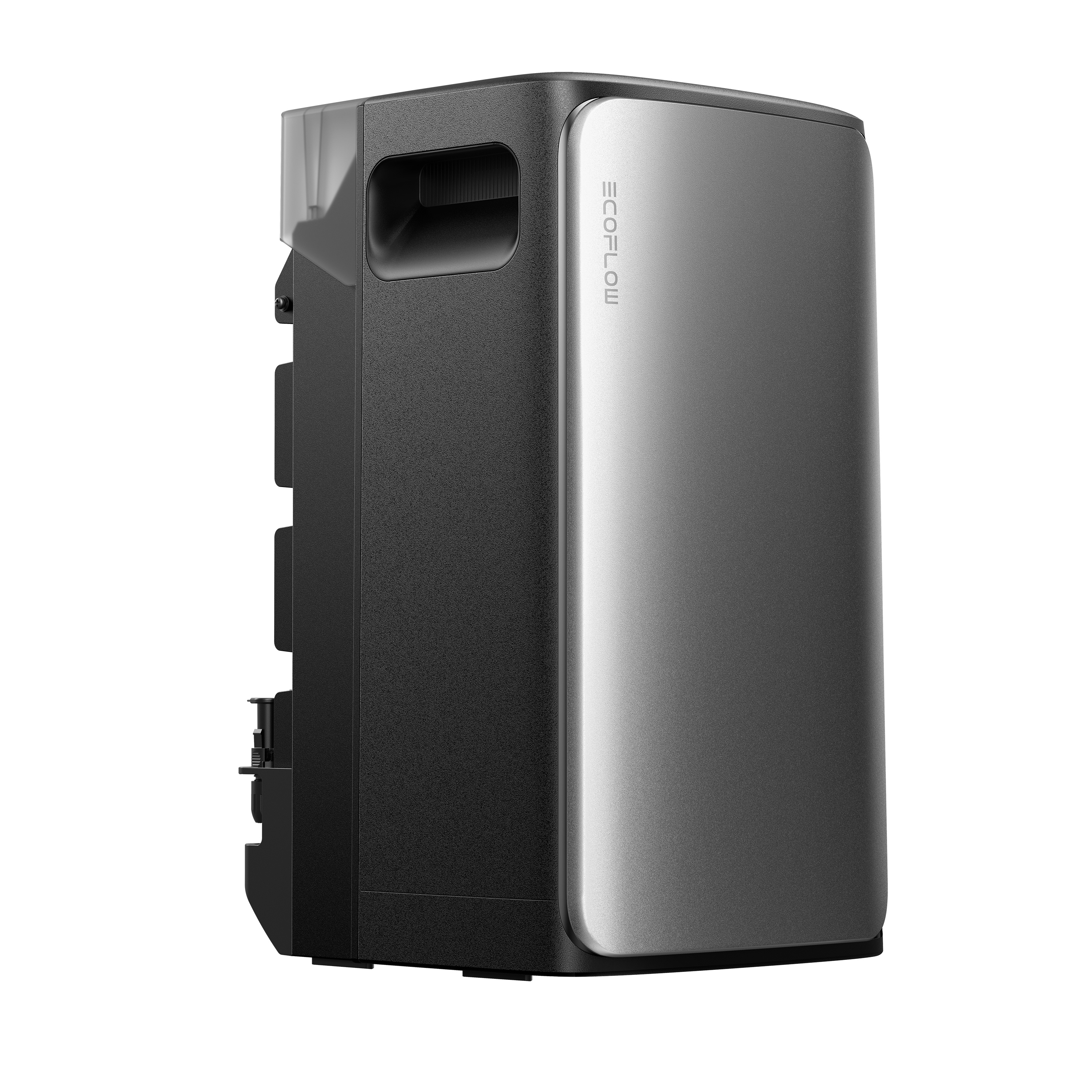 Black and silver EcoFlow power station with handle.