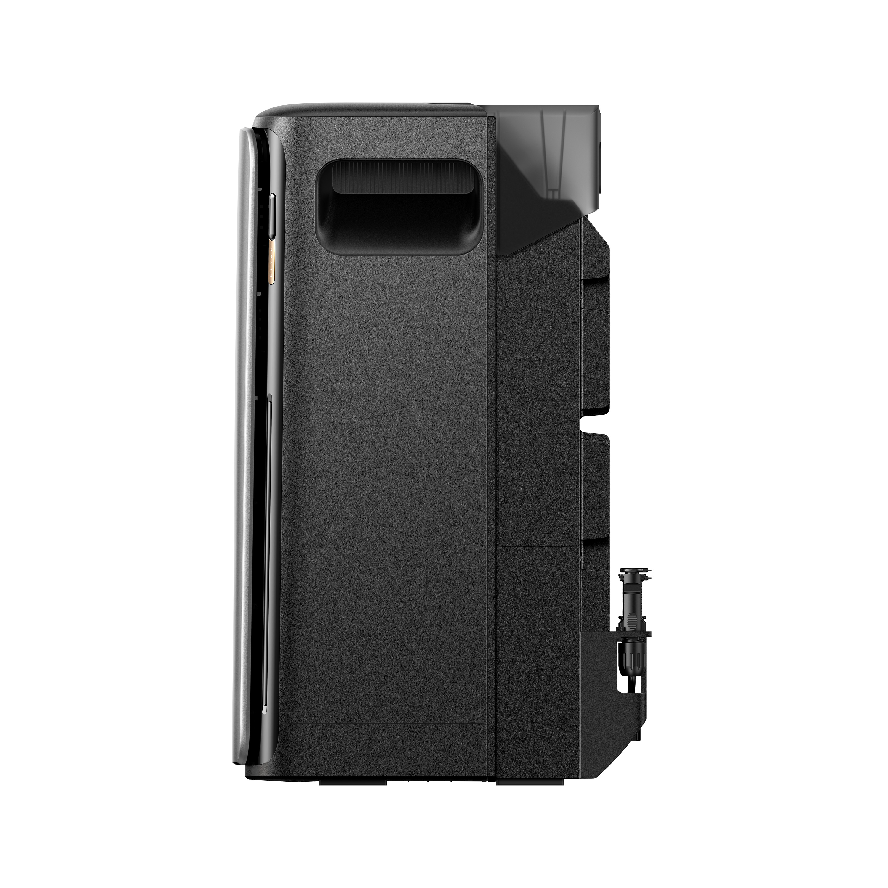A black electronic device with a small screen, a vent, and a port on the side, against a white background.