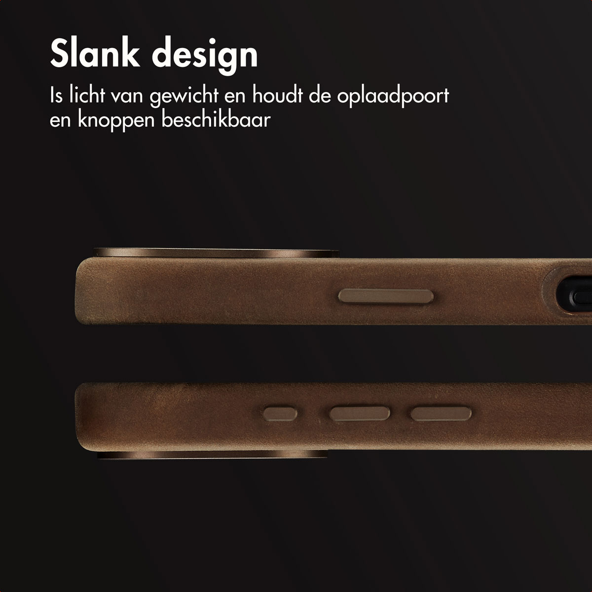Close-up van een bruine telefoonhoes, met de nadruk op de knoppen en randen.