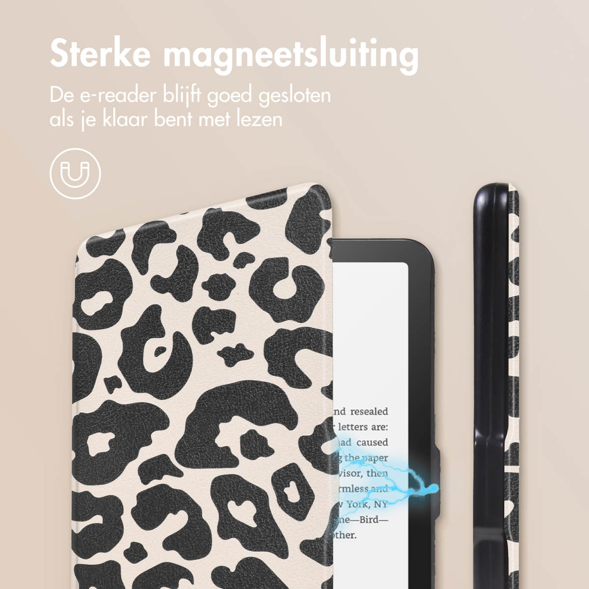 E-reader case met luipaardprint open. Magnetische sluiting detail. Tekst in het Nederlands.