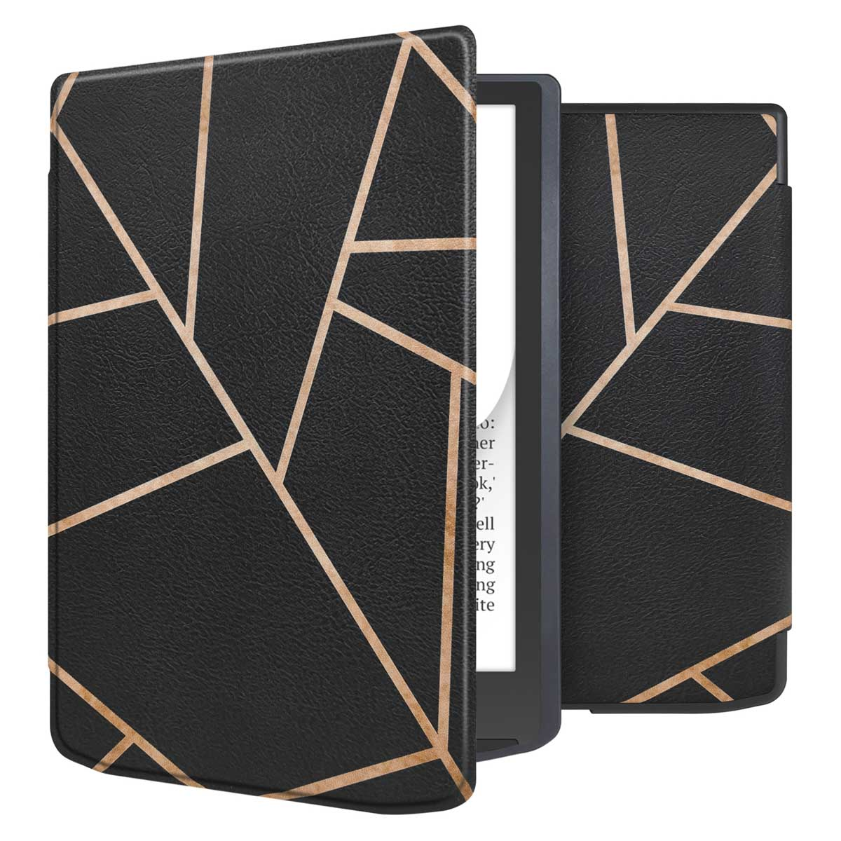 Zwarte e-reader hoes met geometrische gouden lijnen. Open, toont het scherm.