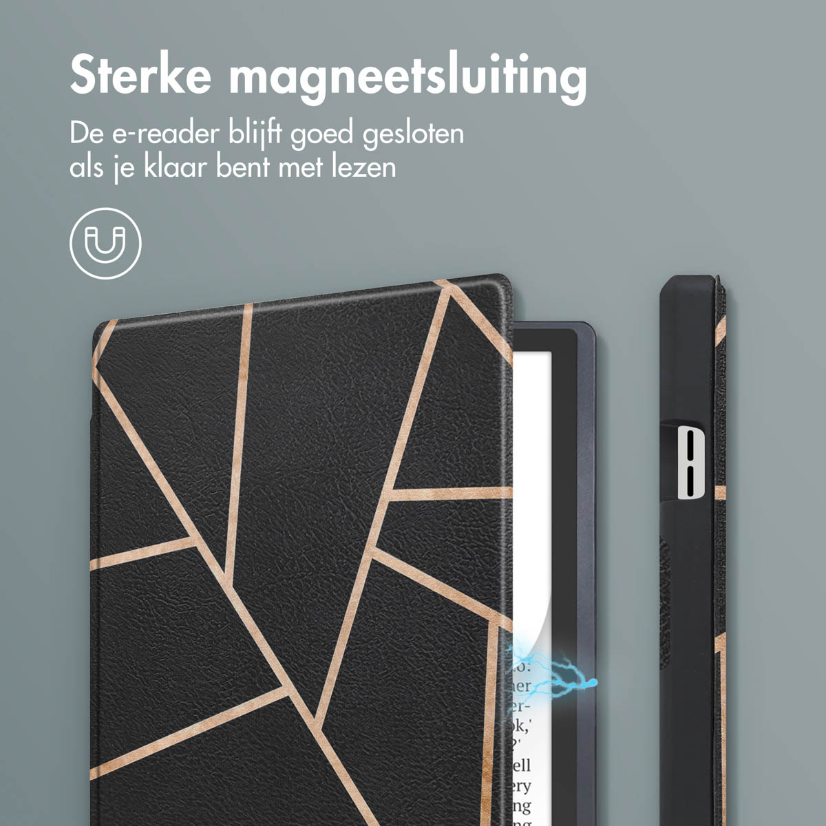 Een zwarte e-reader cover met een geometrisch ontwerp, met het apparaat en de achterkant.
