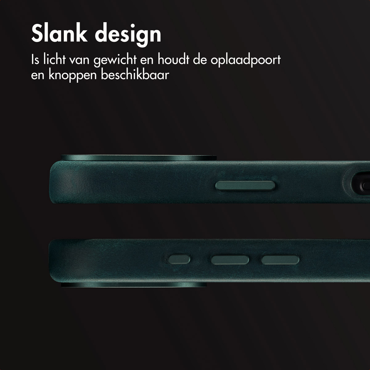 Close-up van een telefoonhoesje. Twee hoesjes, met zij knoppen, donkergroene kleur.