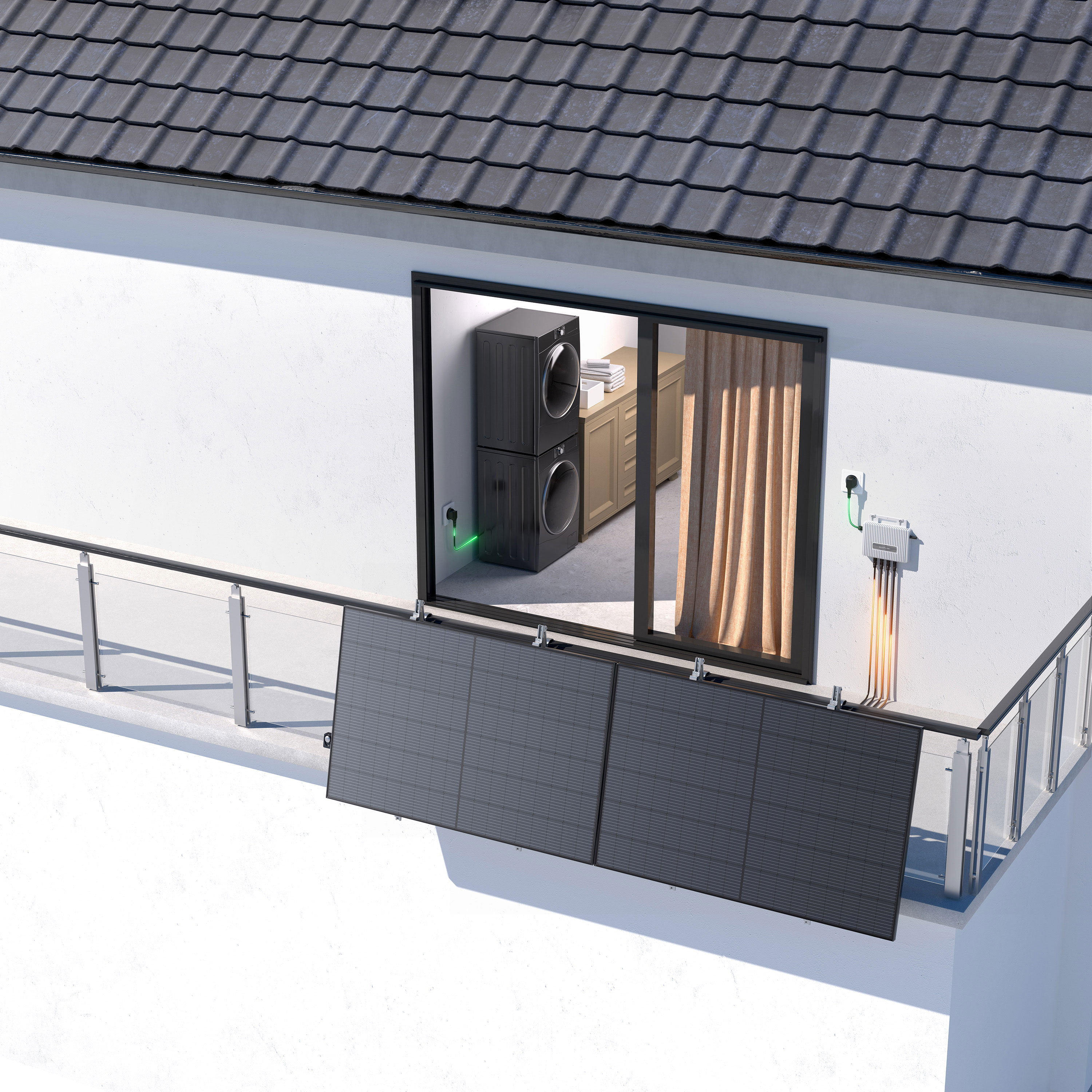 Paneles solares instalados en un balcón. Los paneles son negros, una ventana con vistazo al interior.