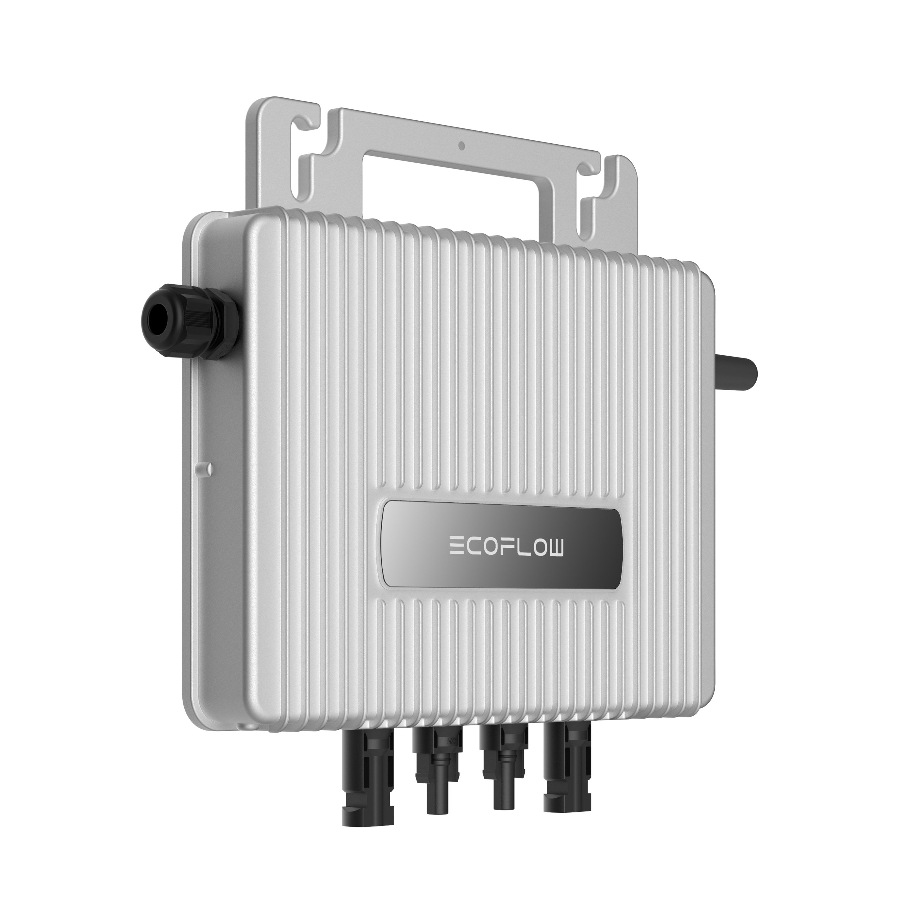 Inversor solar EcoFlow plateado con asa y conectores.