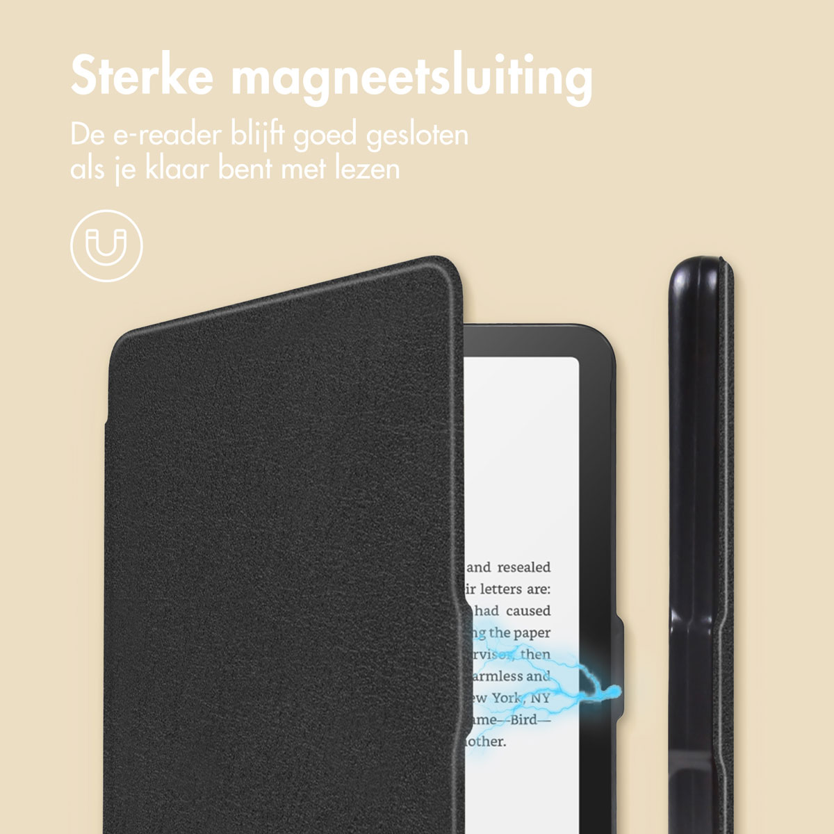 E-reader case with black cover open. Magnetic clasp visible. Text in Dutch: Strong magnetic closure.