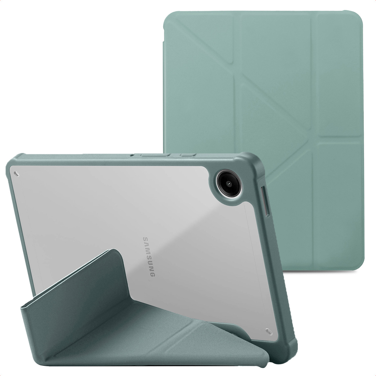 Green tablet case with tablet; one open as stand, one closed.