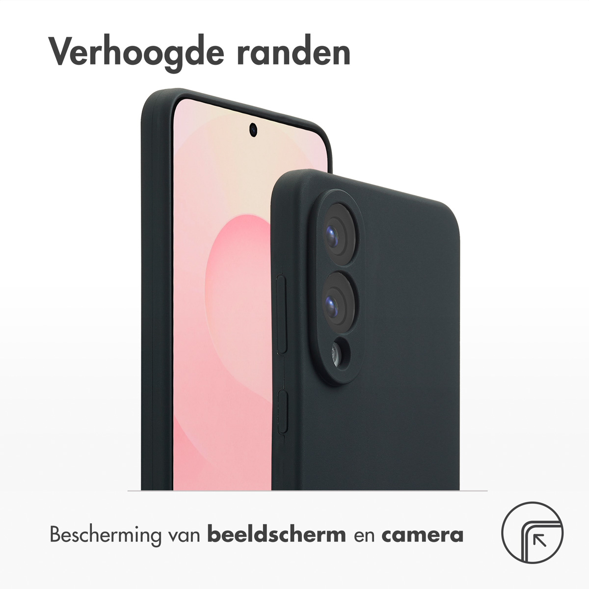 Telefoon in donkergroene hoes, scherm zichtbaar, tekst: "Verhoogde randen".