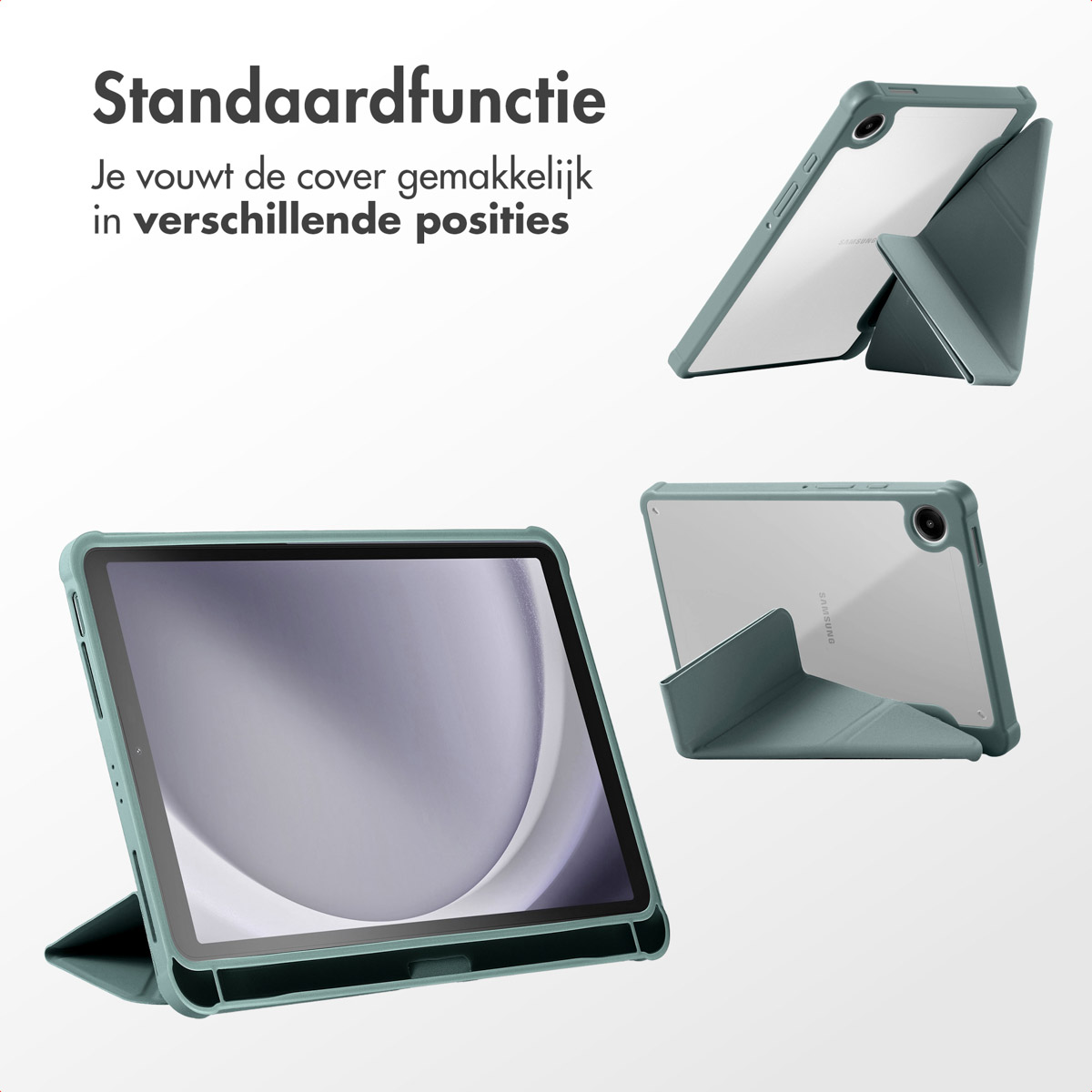 Tablet in green case, folded into different positions for viewing.