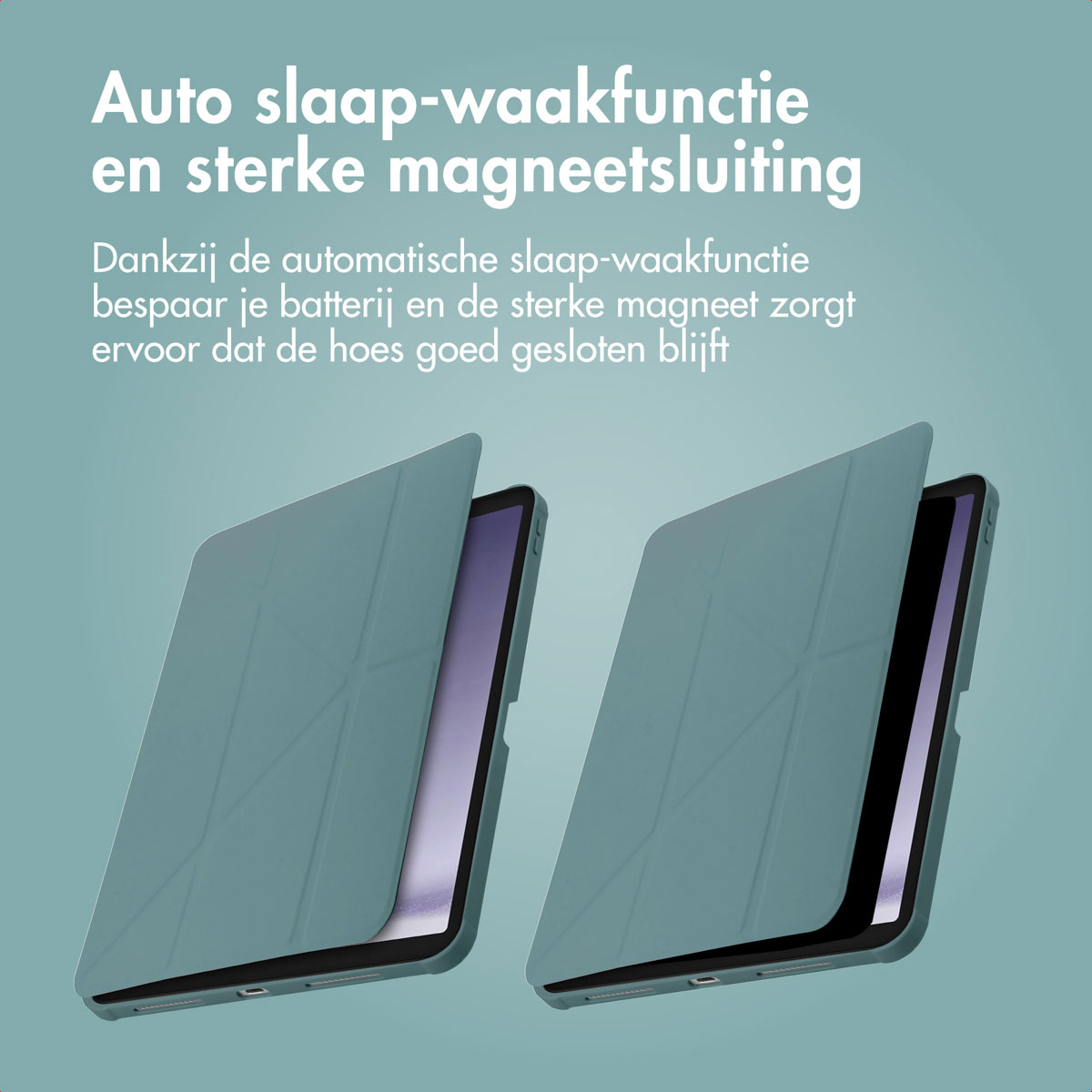 Two e-reader cases, teal. Open, showing the screen. Text in Dutch: Auto sleep/wake function.
