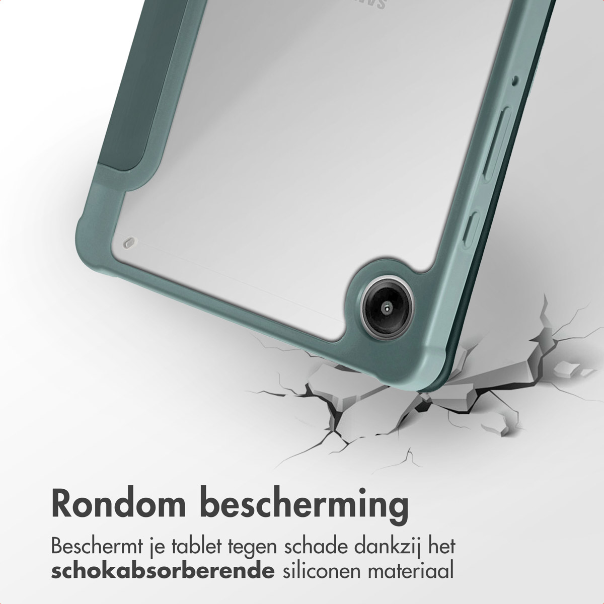 Tablet in a teal case. The case is cracked. Text about shock absorption.