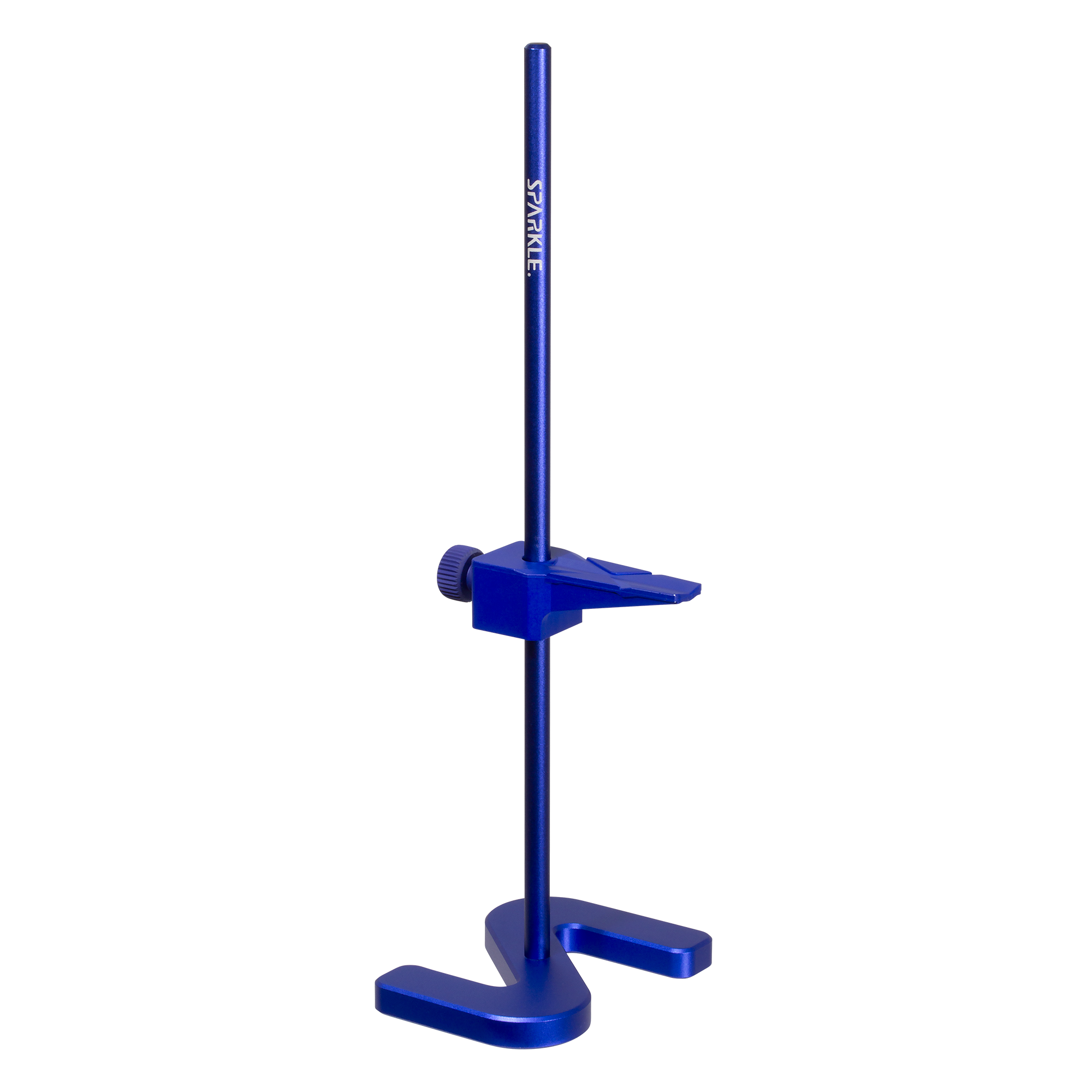 Niebieski metalowy stojak. Ma podstawę, pionowy pręt i regulowane ramię.