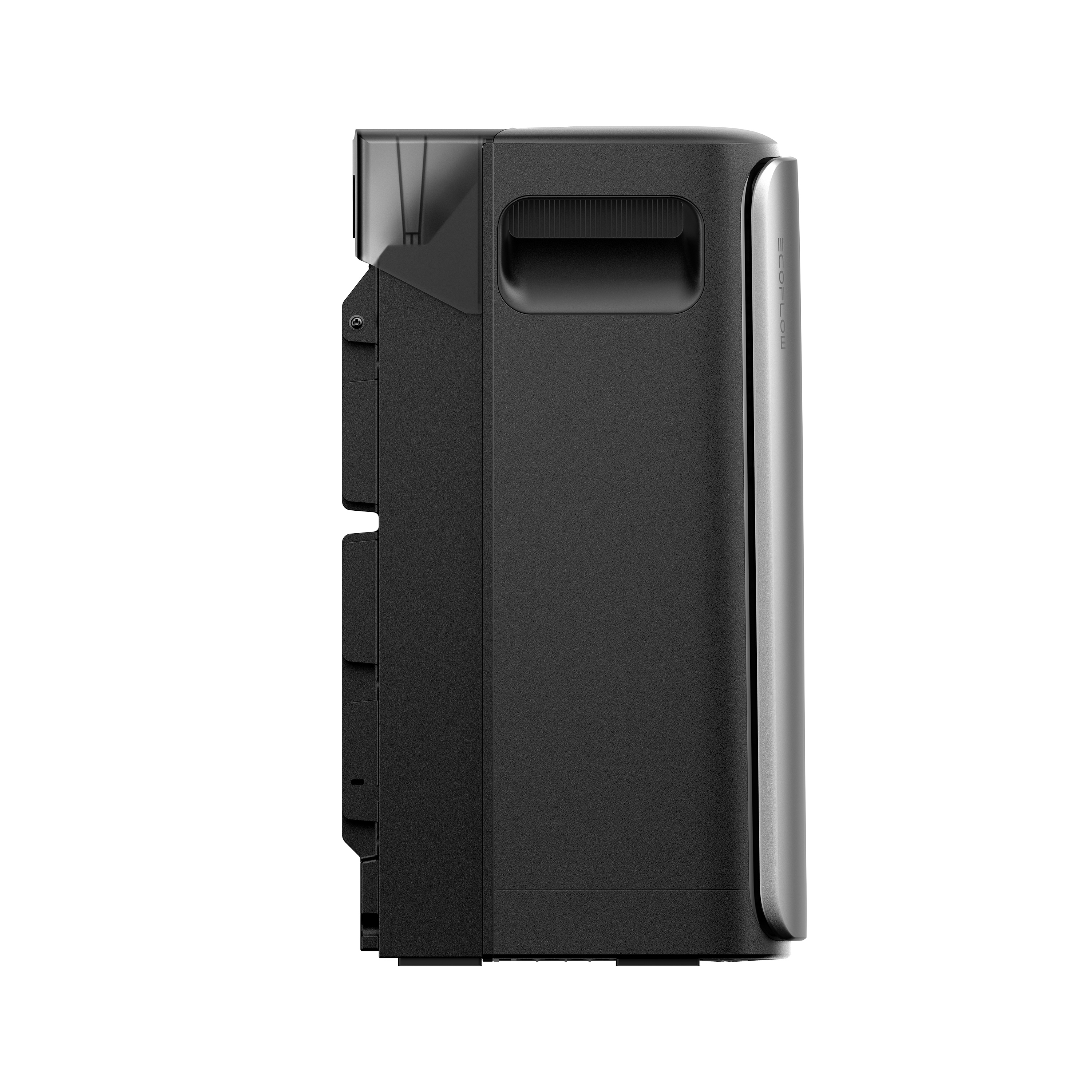 Schwarze tragbare Stromstation. Schwarz mit grauen Details. Griff oben. Weißer Hintergrund.