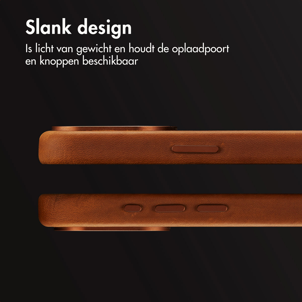 Deux coques de téléphone marron avec boutons. Les coques ont un fond sombre.