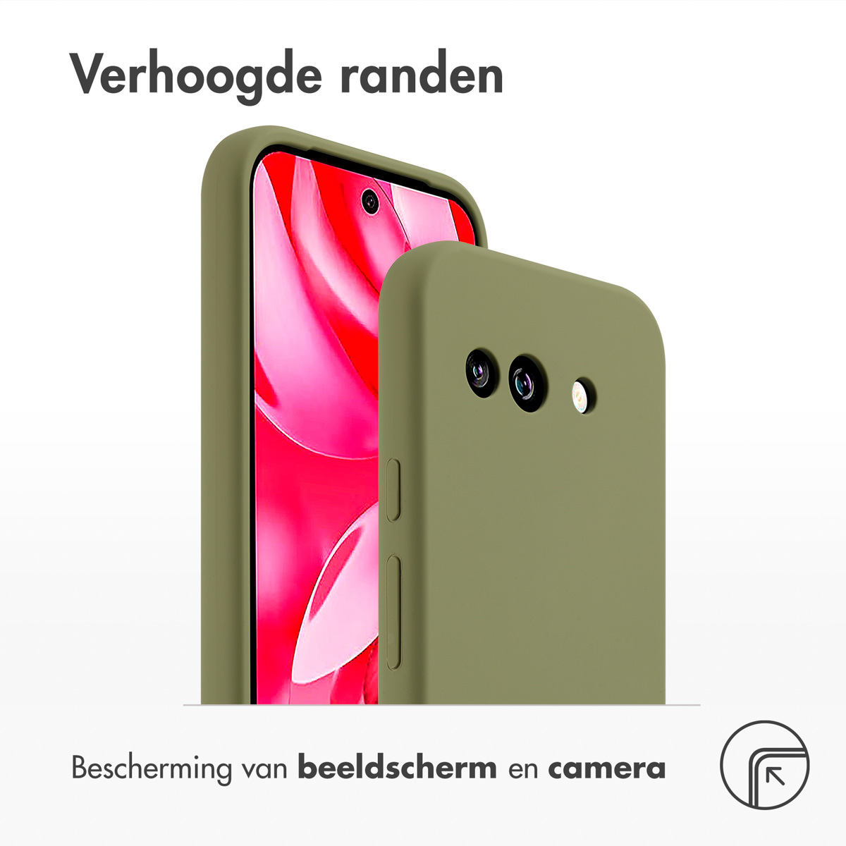 Twee olijfgroene telefoonhoesjes. Eén toont het scherm, de ander de achterkant.