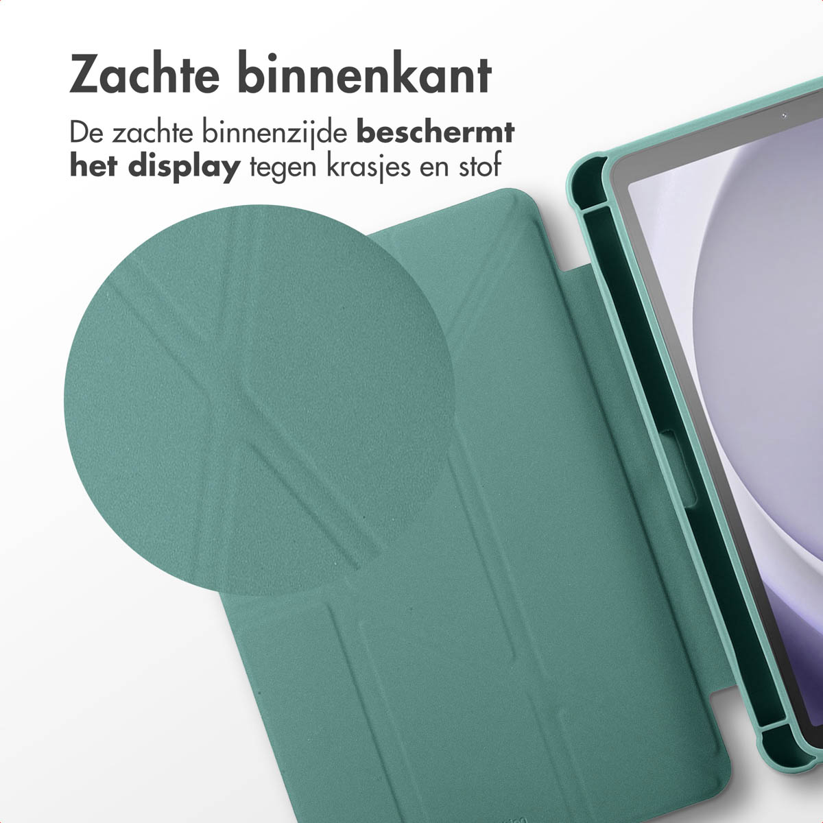 Close-up of green tablet case. Shows the soft inside material. The background is green.