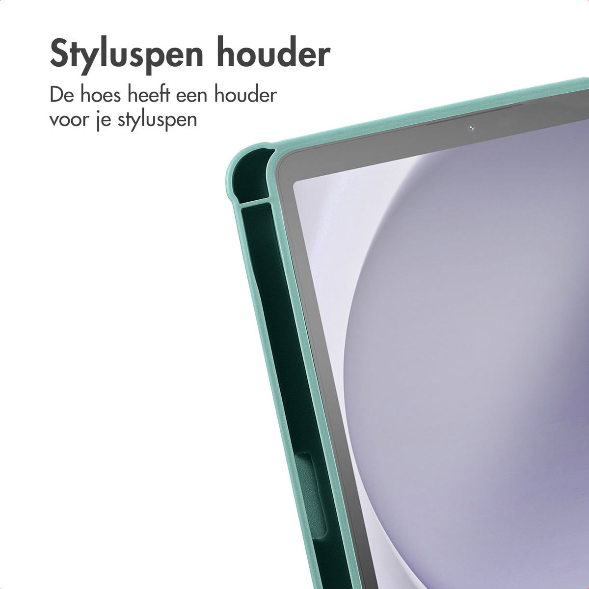 Green tablet case with the edge of a tablet visible, showing a stylus holder.
