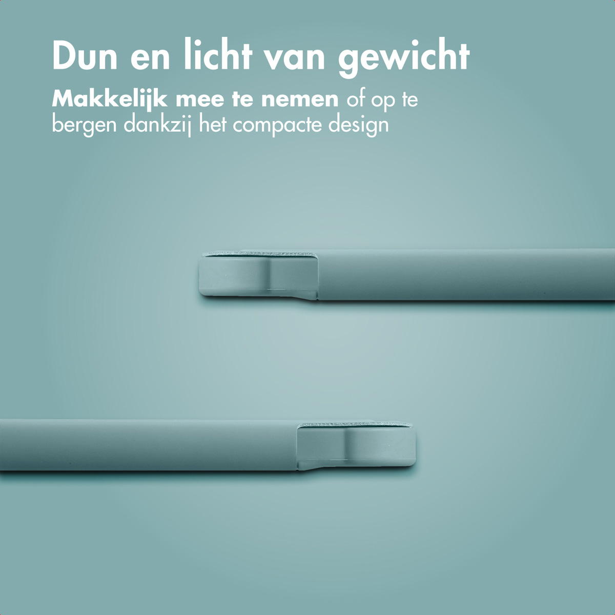 Deux appareils gris, fins et rectangulaires. Le texte dit : « Mince et léger ». Fond bleu-vert.