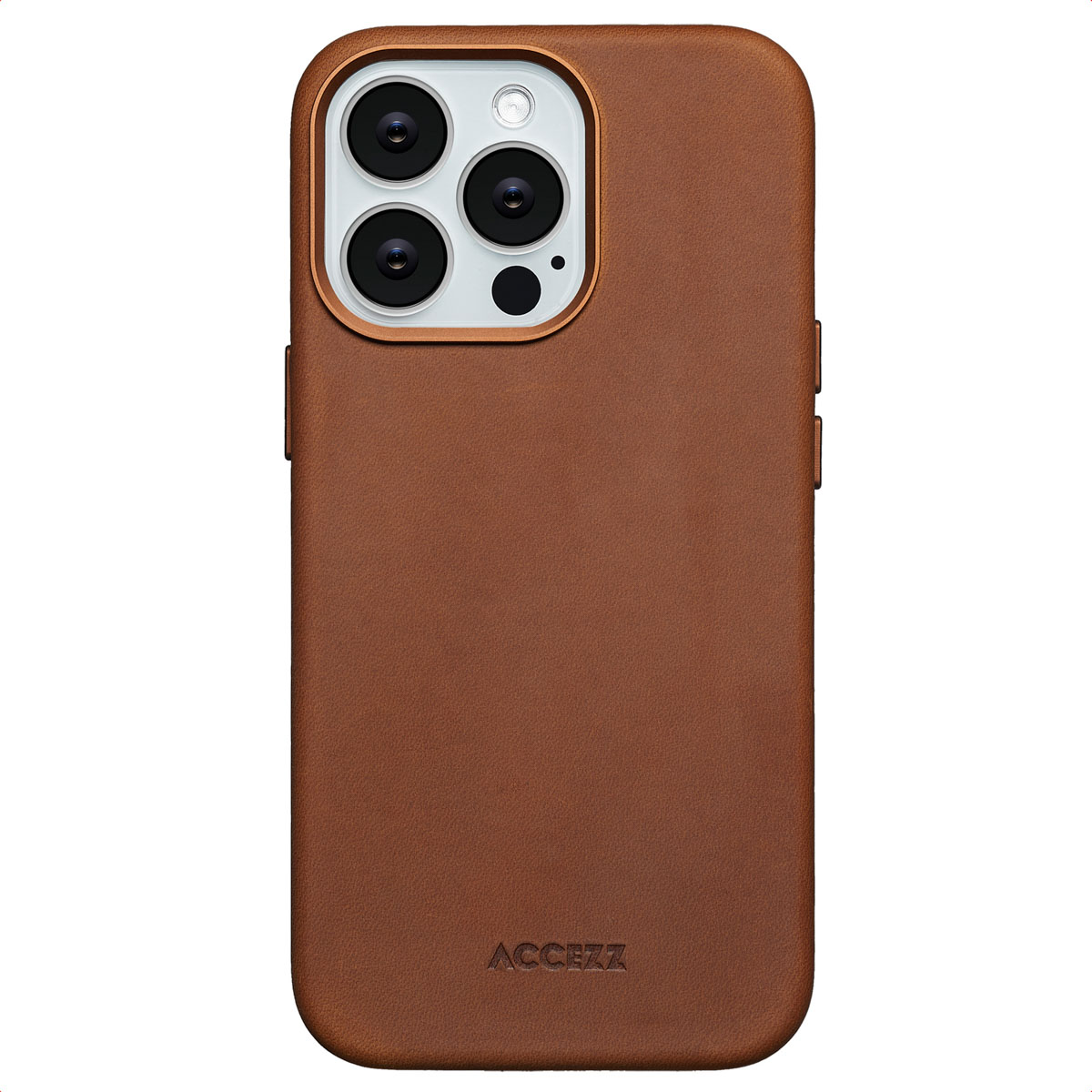Close-up van een bruine leren telefoonhoes. De achtergrond is wit.