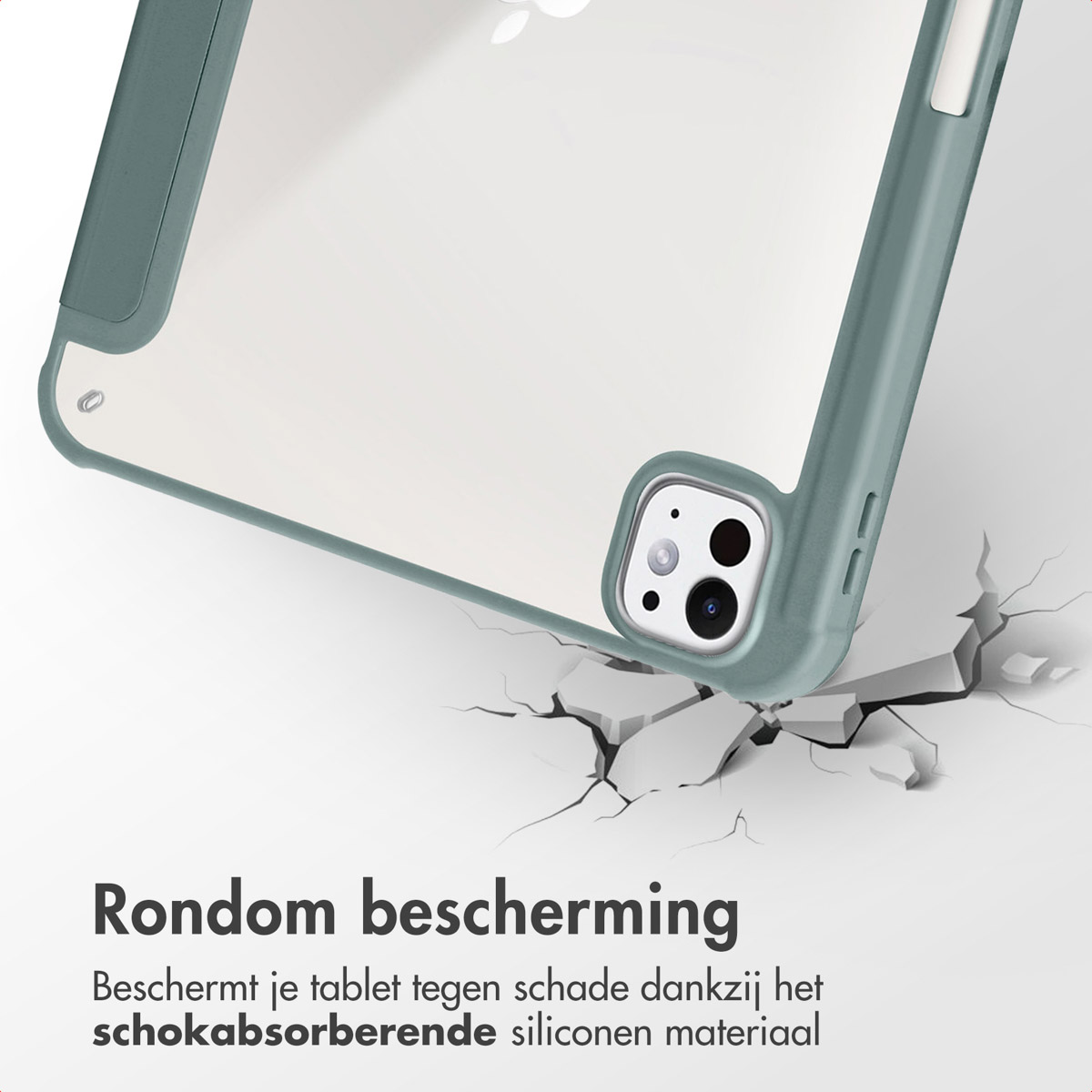 Tablette dans un étui vert, sol fissuré en dessous. Le fond est blanc.
