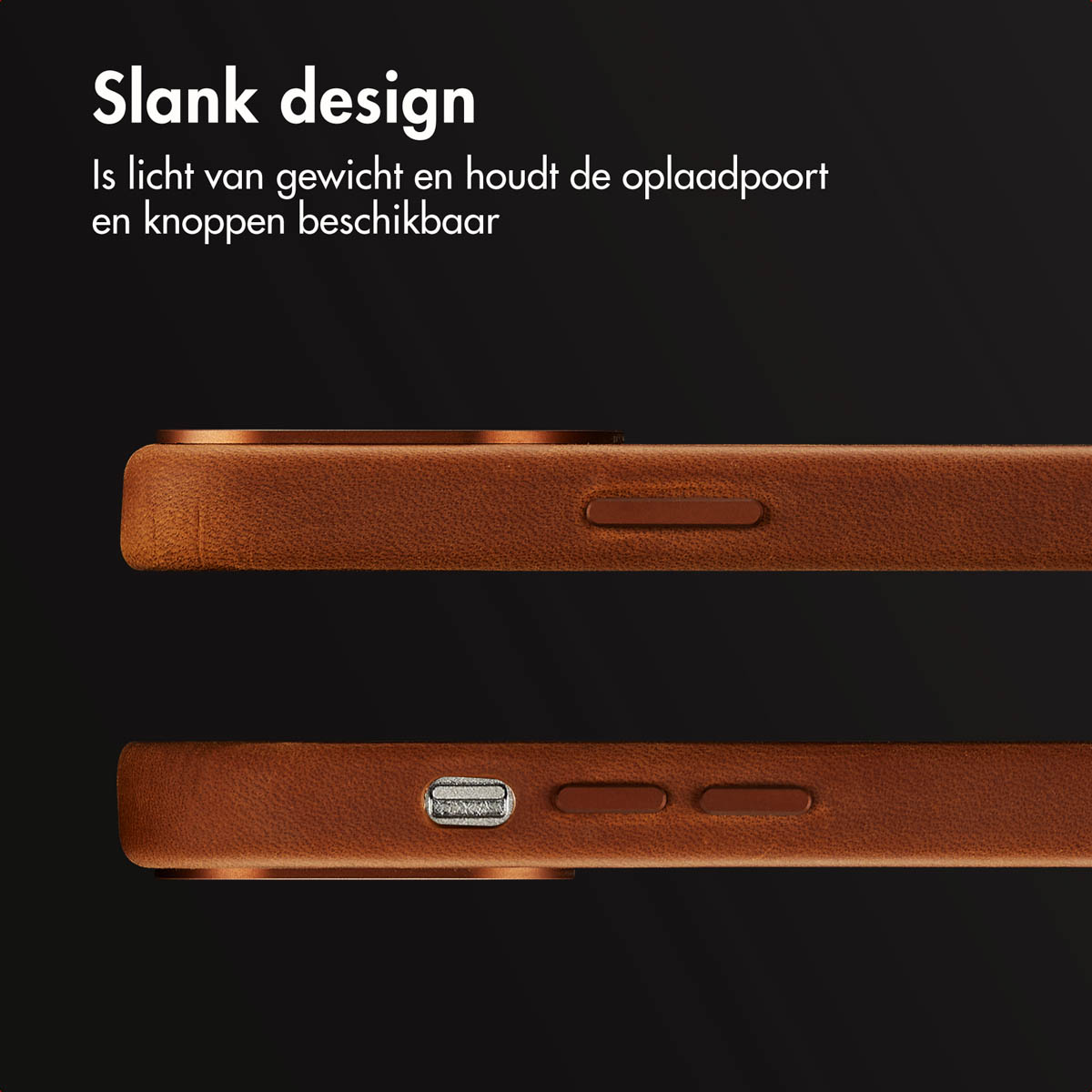 Bruine telefoonhoes met uitsparingen op zwarte achtergrond. Bovenkant toont knip, onderkant laadpoort.