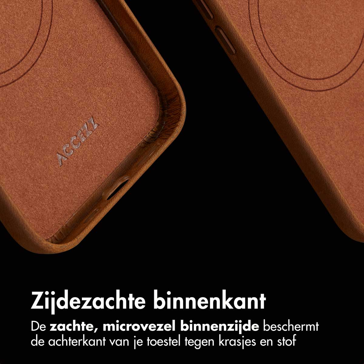Bruin leren telefoonhoesje interieur. Het zachte interieur is zichtbaar.