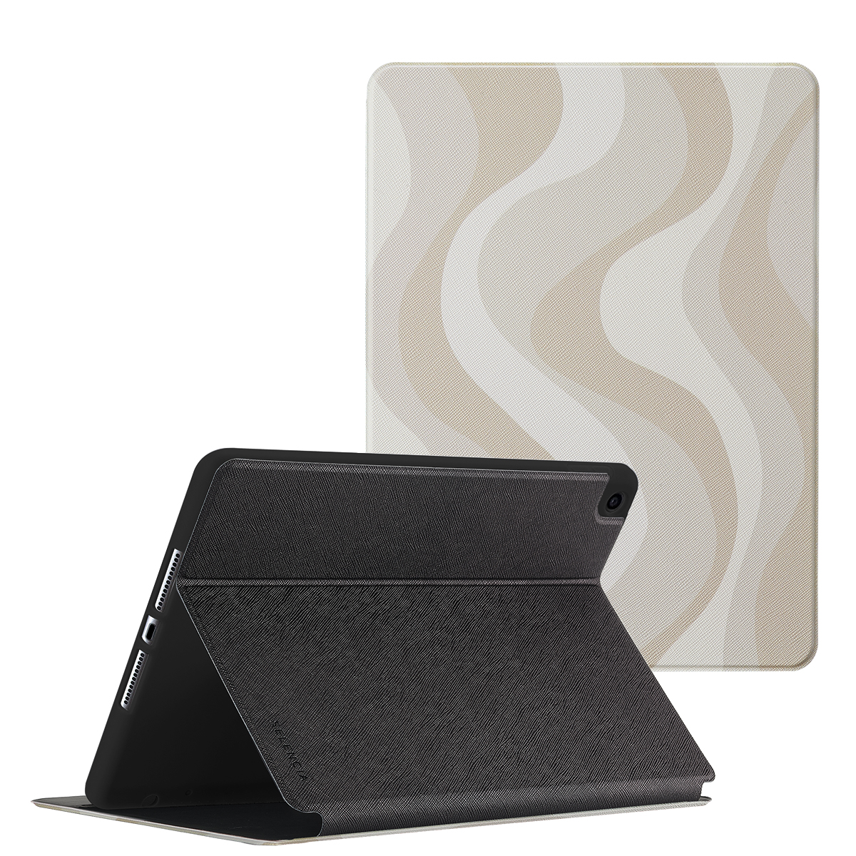 Black tablet in a case with a beige, wave-patterned cover.