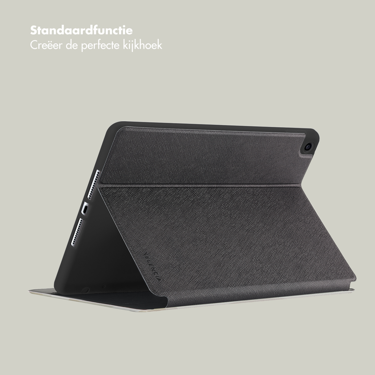 Tablet in a case. The case is open, showing the tablet at an angle.