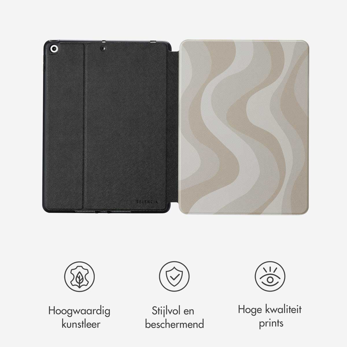 Tablet case opened, showing a patterned interior. Text says: High-quality leather.