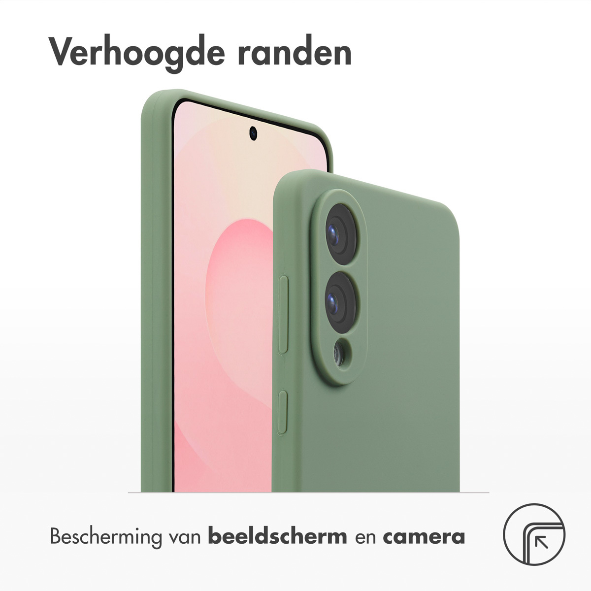 Coque de téléphone verte, avec un téléphone à l'intérieur. Fond blanc.