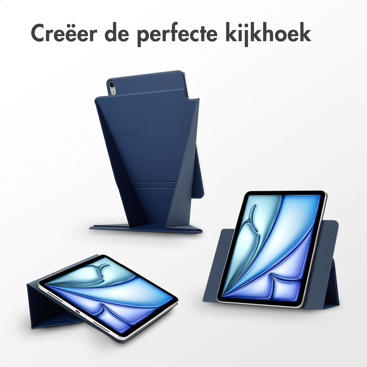 Tablets in blue cases are set up to show different viewing angles. Text: Perfect view.