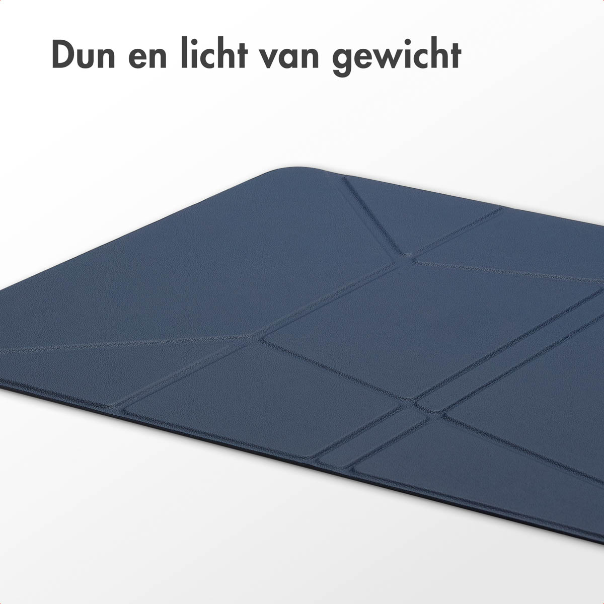 A blue case is shown folded. The text says: Thin and lightweight.