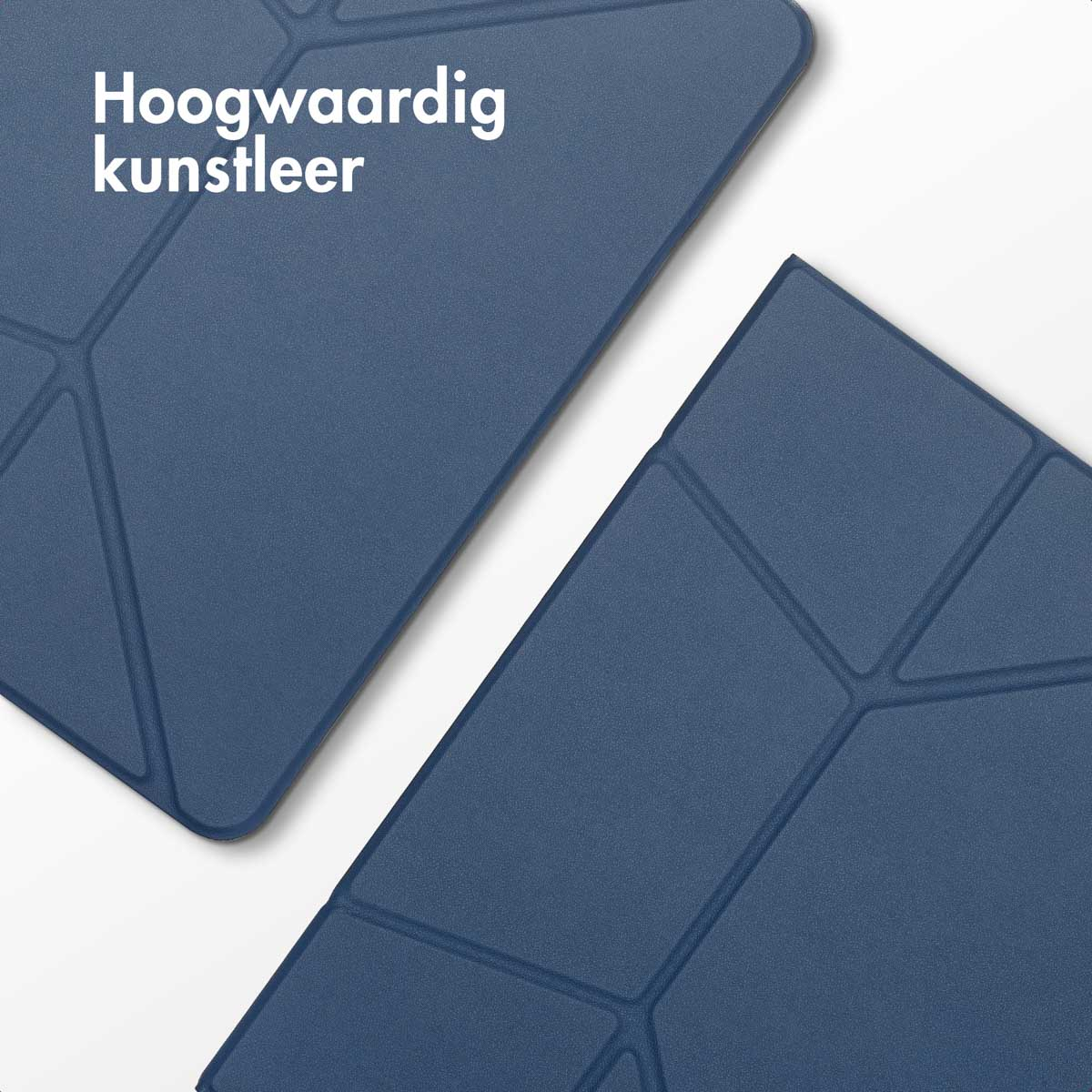 Close up of a blue case with a geometric pattern. Text says: High-quality leather.