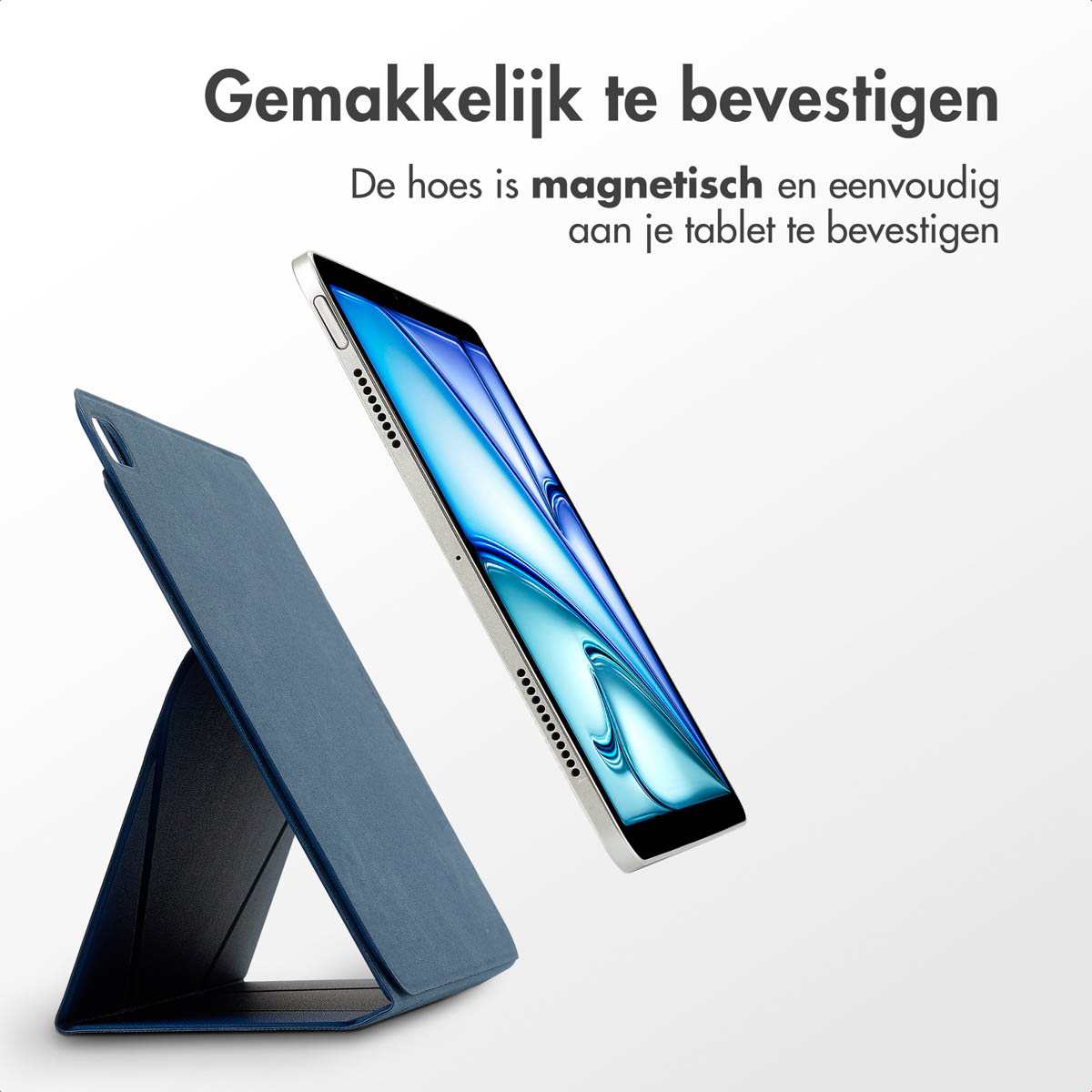 Tablet with a blue case on a white background. Text says: Easy to attach.