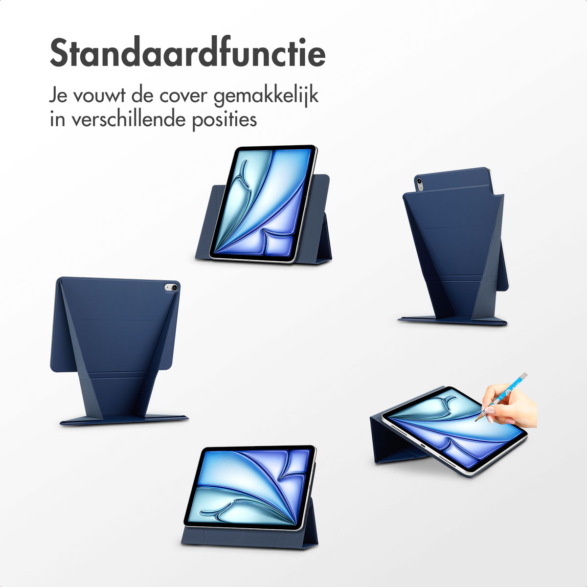 A tablet in a blue case, shown in multiple positions, highlighting its versatility.