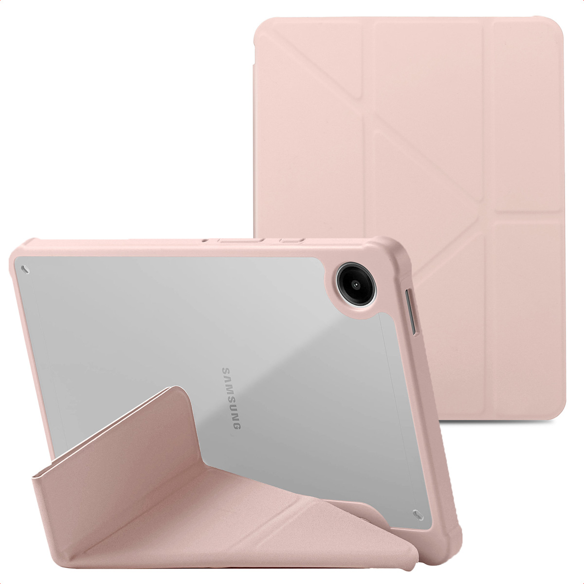 Pink tablet case with a tablet inside. The case has a kickstand. The back is transparent.