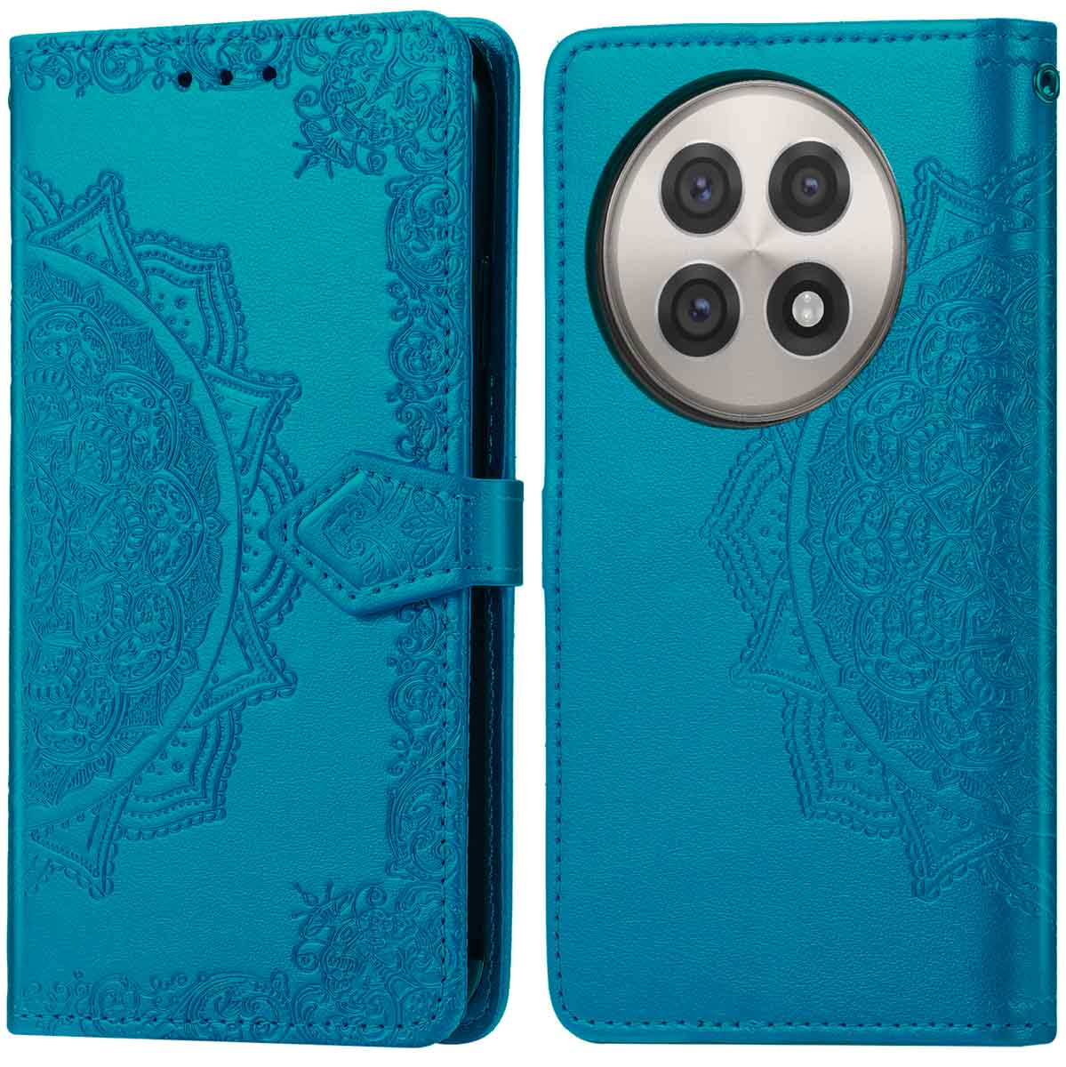 Coque de téléphone bleue avec motif floral. La coque est ouverte, le téléphone est visible.