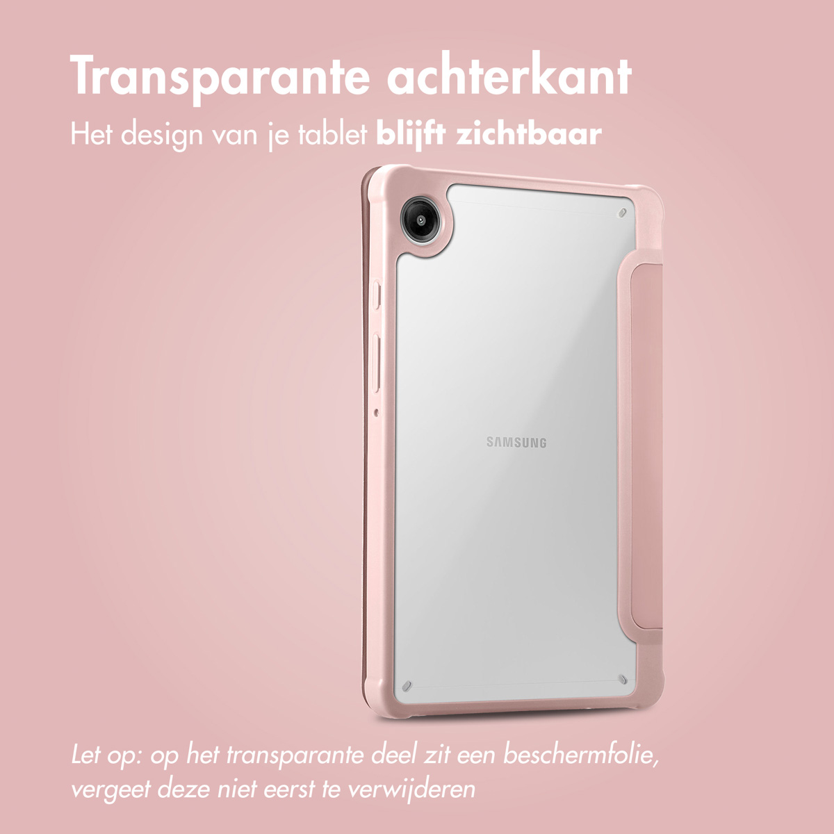 Pink tablet case, clear back, Samsung logo visible. Pink background.
