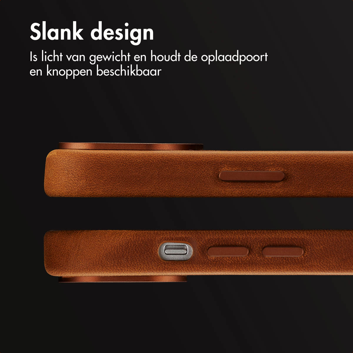 Close-up van een bruine telefoonhoes met een poort, zijknoppen en een bruin frame.