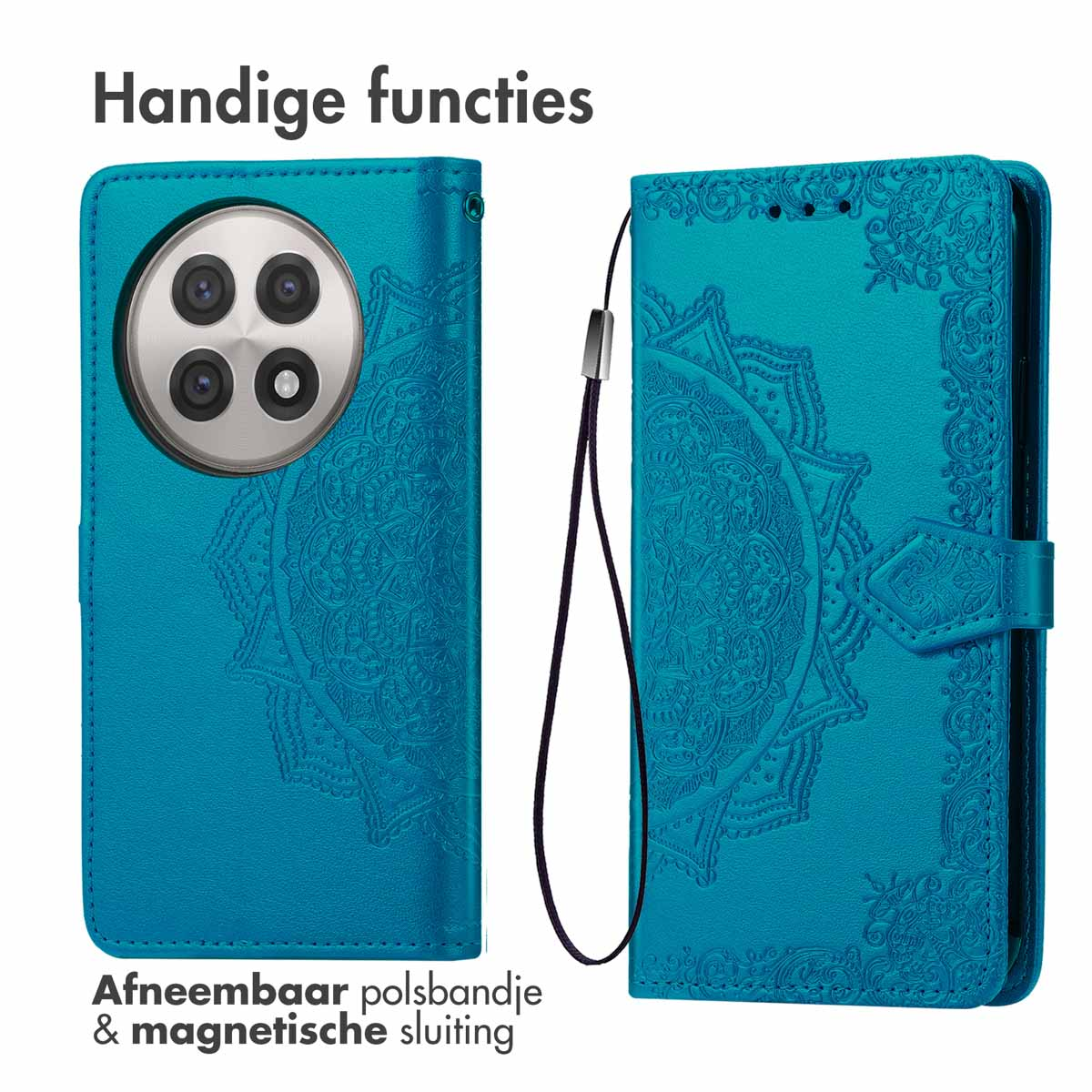 Coque de téléphone bleue. Vues avant et arrière. Avec un motif mandala et une dragonne amovible. Fermeture magnétique.