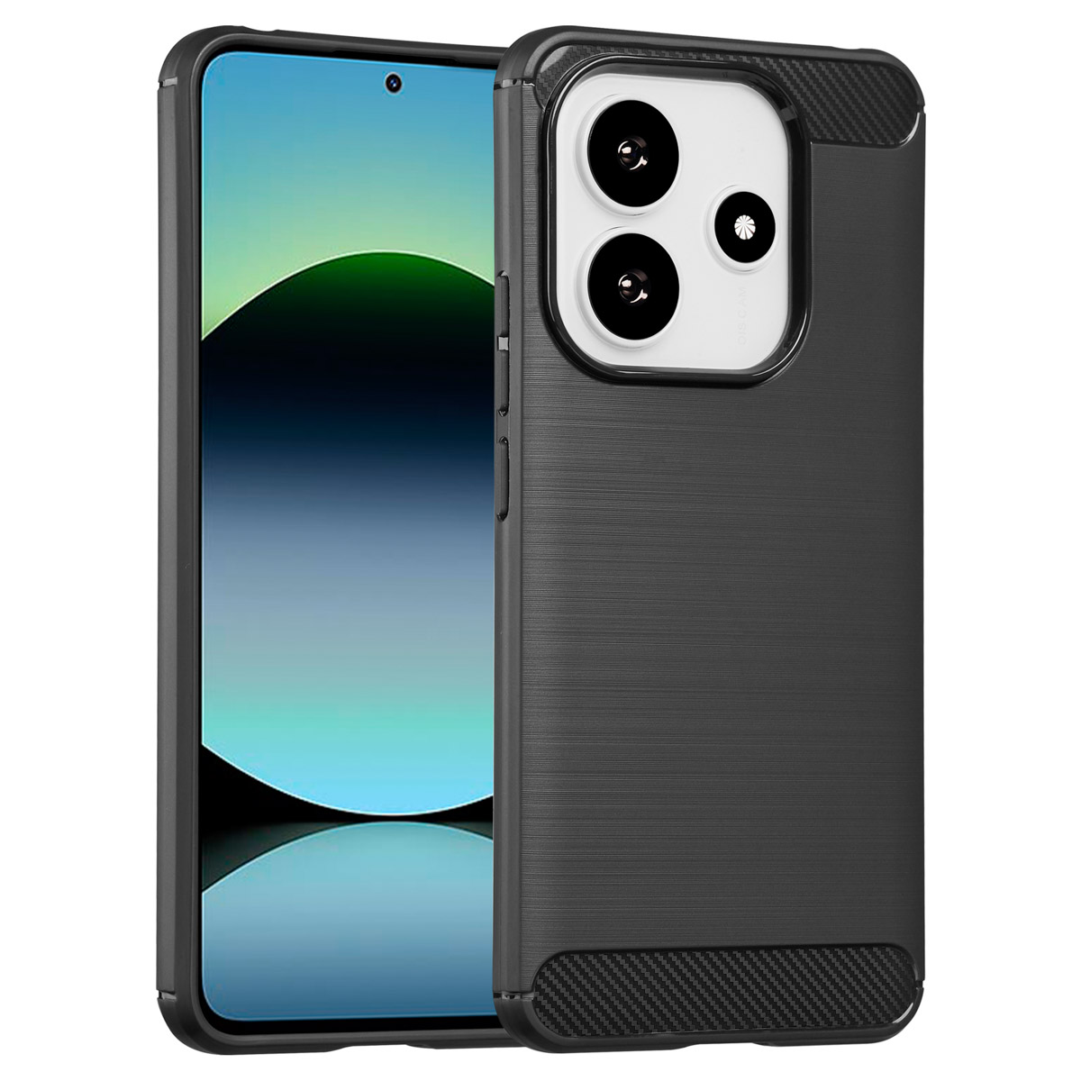 Coque de téléphone noire. Montre le côté avec les boutons et l'appareil photo. Design texturé. La coque couvre tout le téléphone.