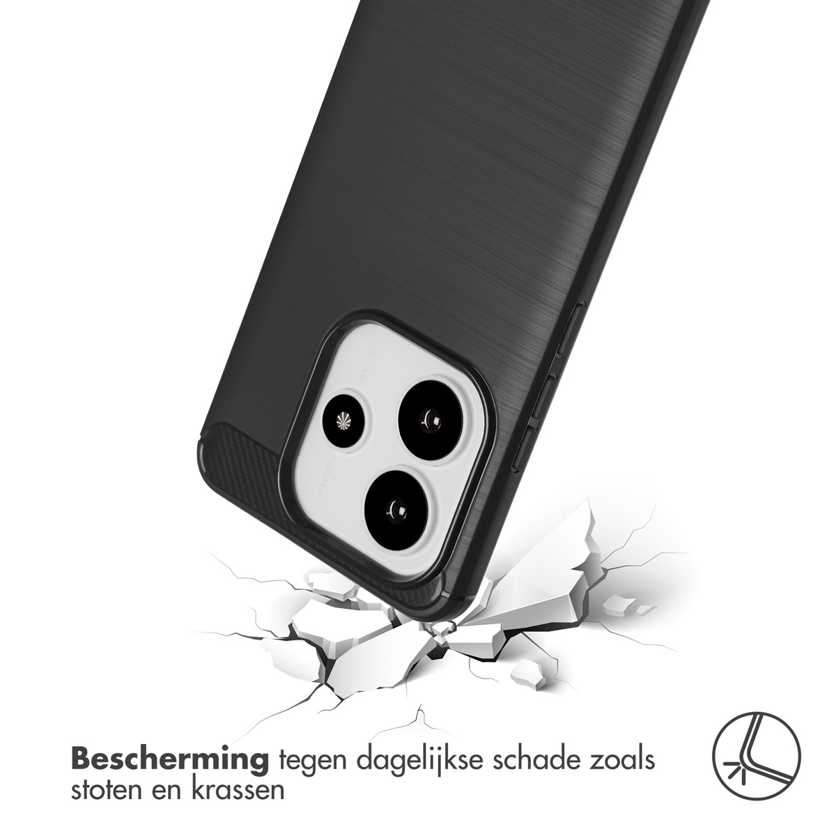 Coque de téléphone noire, avec un téléphone à l'intérieur, brisant une surface. Protège des dégâts.