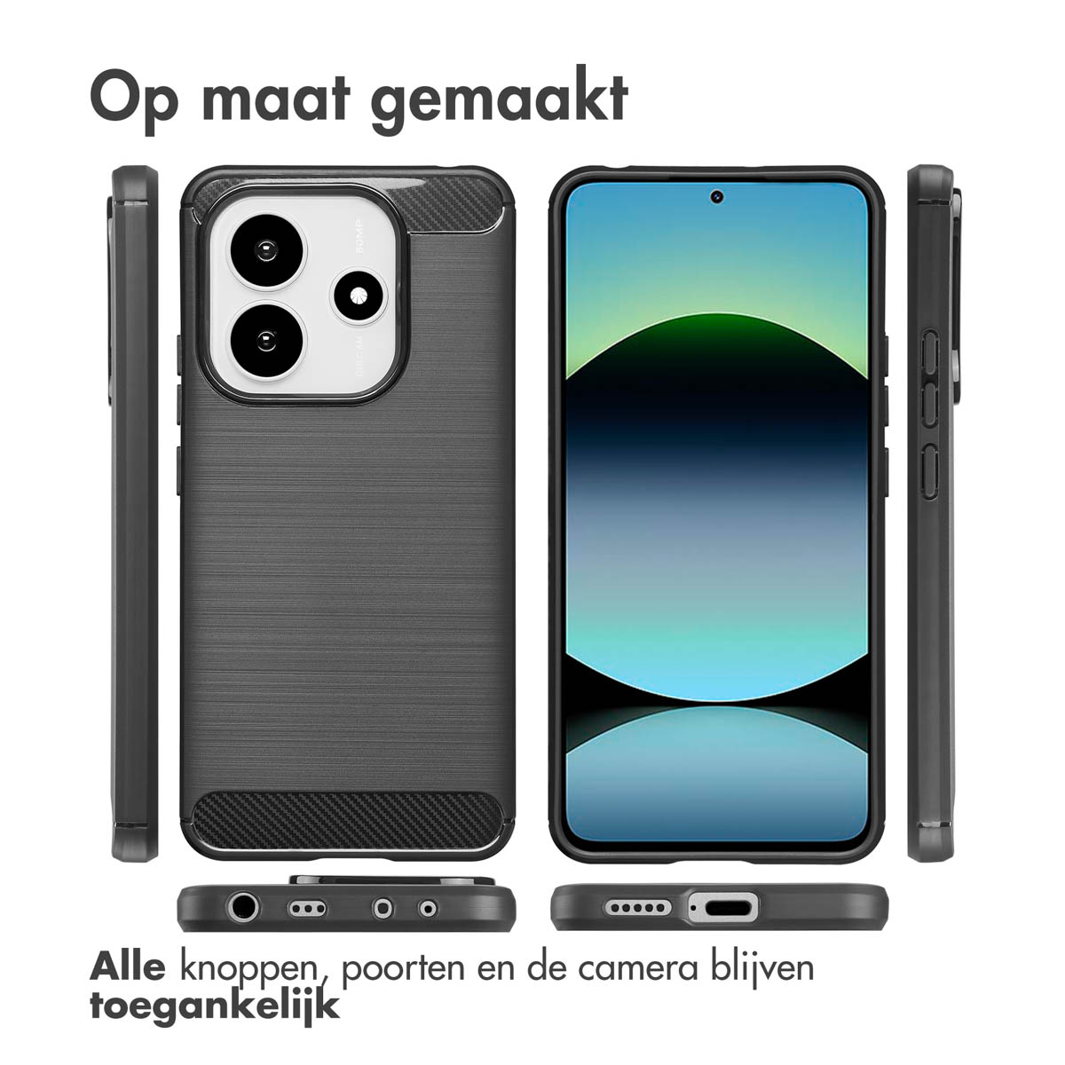 Coque de téléphone montrant le téléphone avec caméras, boutons et ports. Texture gris foncé.