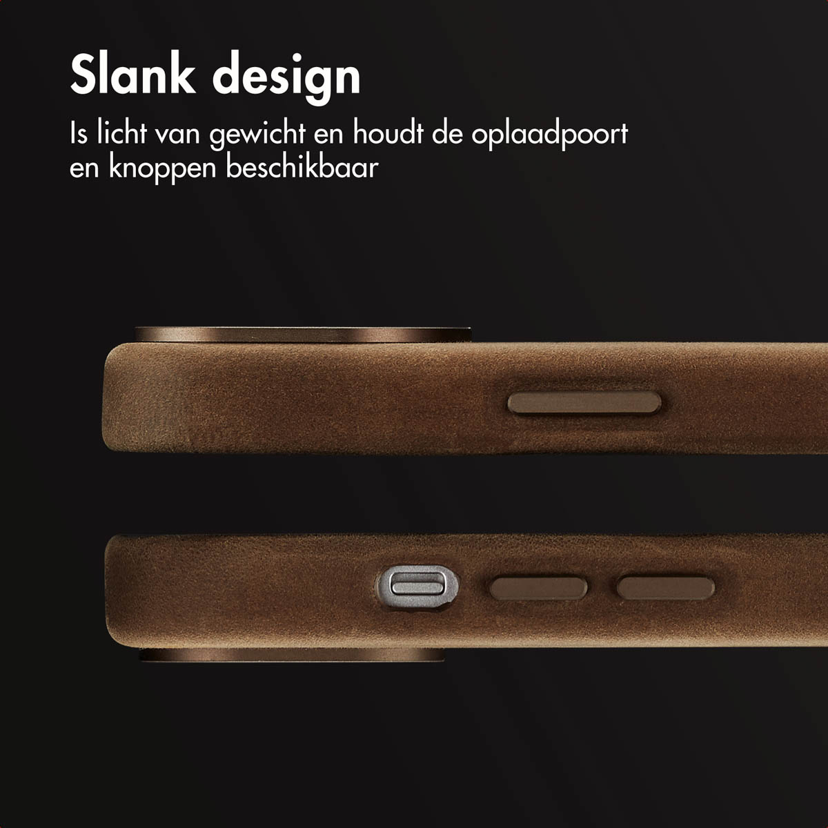 Bruine telefoonhoes met knoppen aan de zijkant. Donkere achtergrond. Slank ontwerp.