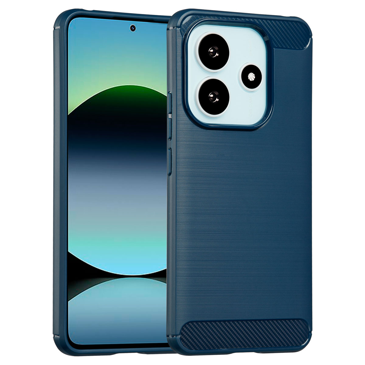 Coque de téléphone bleue avec dos texturé foncé et module caméra. Le téléphone est dedans.