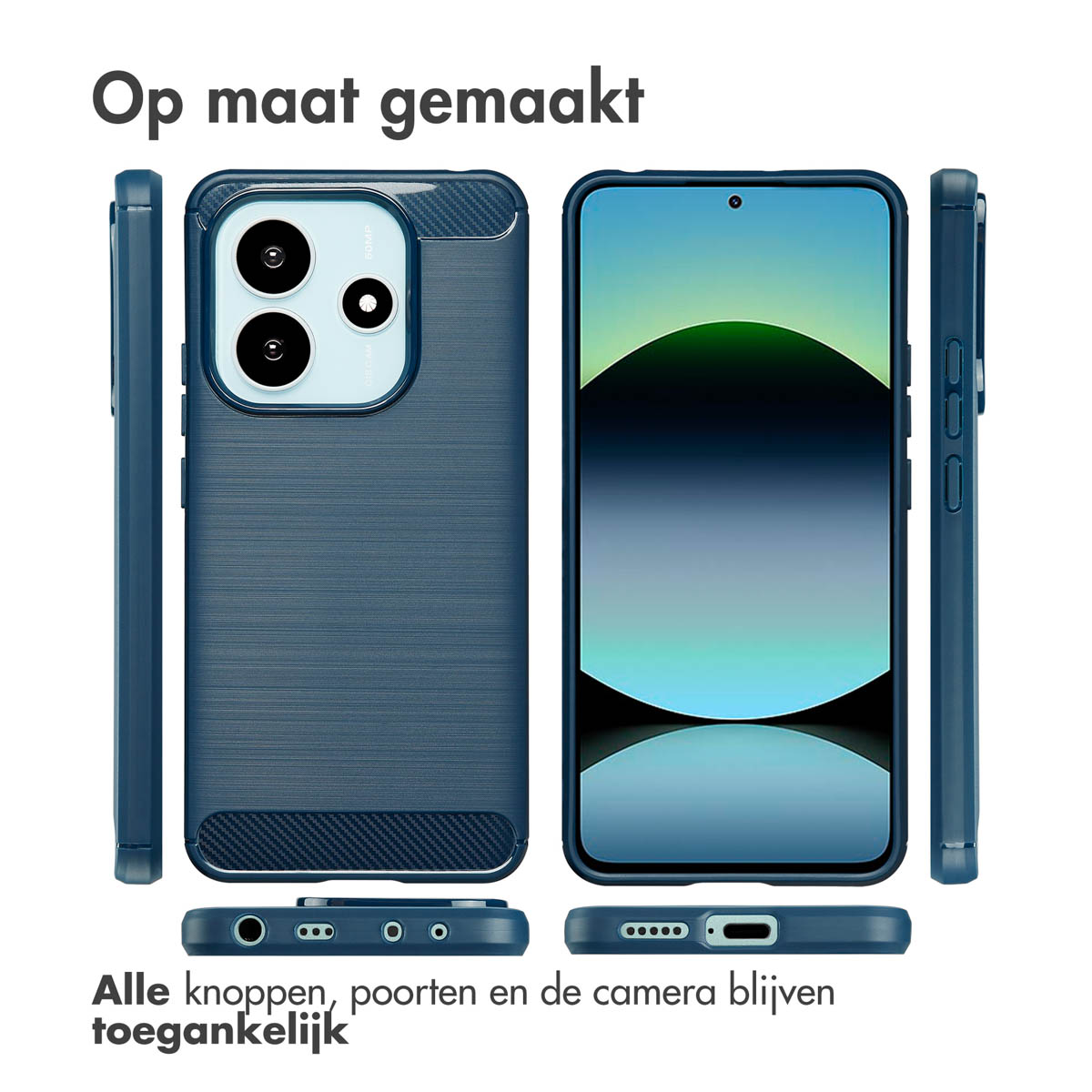 Coque de téléphone bleue avec le téléphone à l'intérieur. Il a plusieurs angles et une description textuelle.