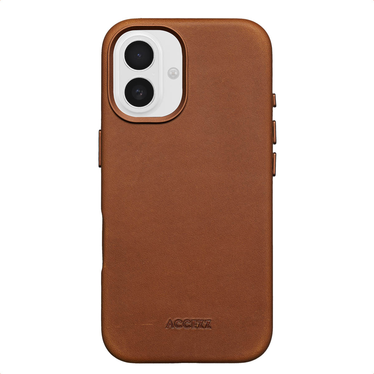 Coque de téléphone marron. Configuration à double caméra visible. Texte : Acczz.