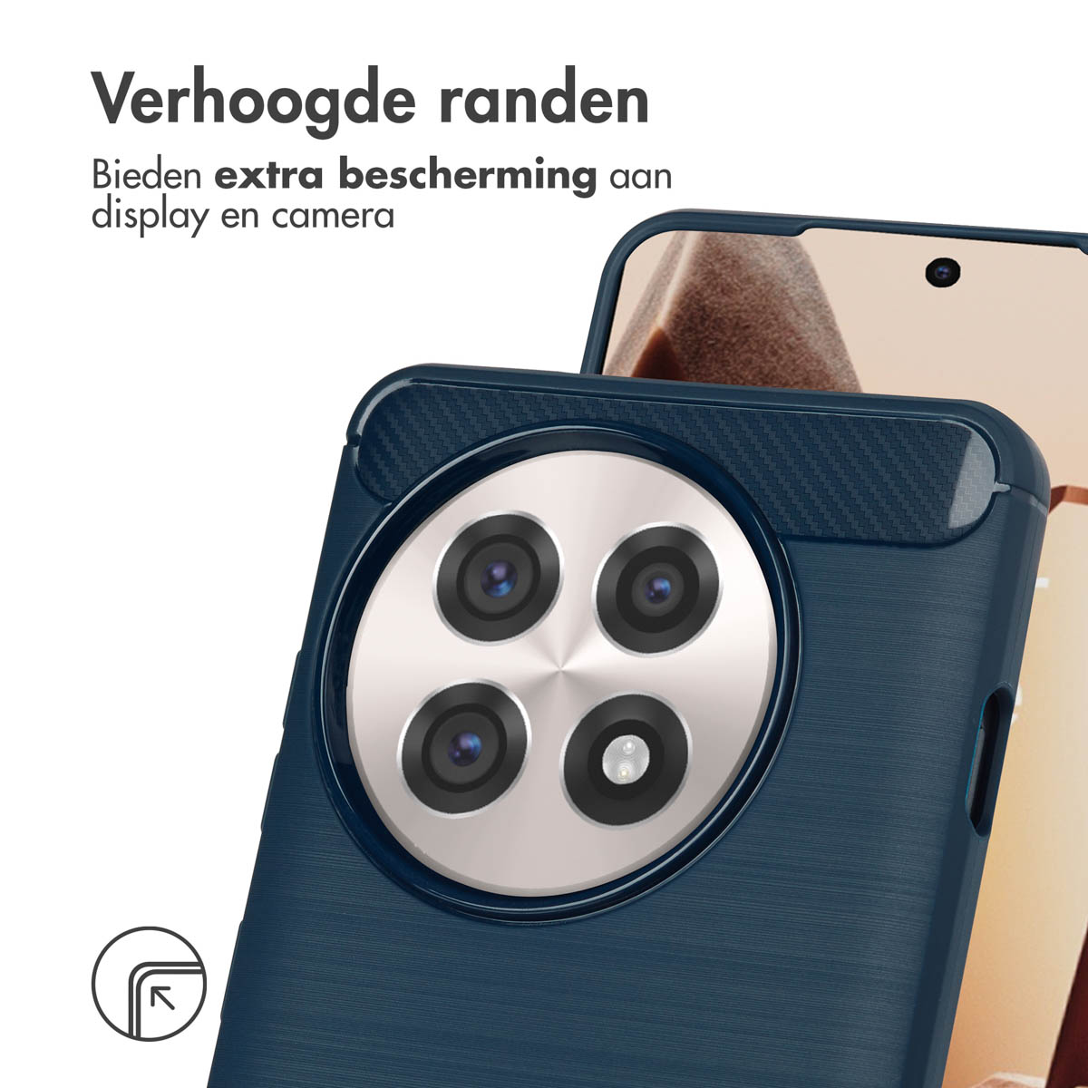 Funda azul con lente de cámara. Texto: Bordes elevados.
